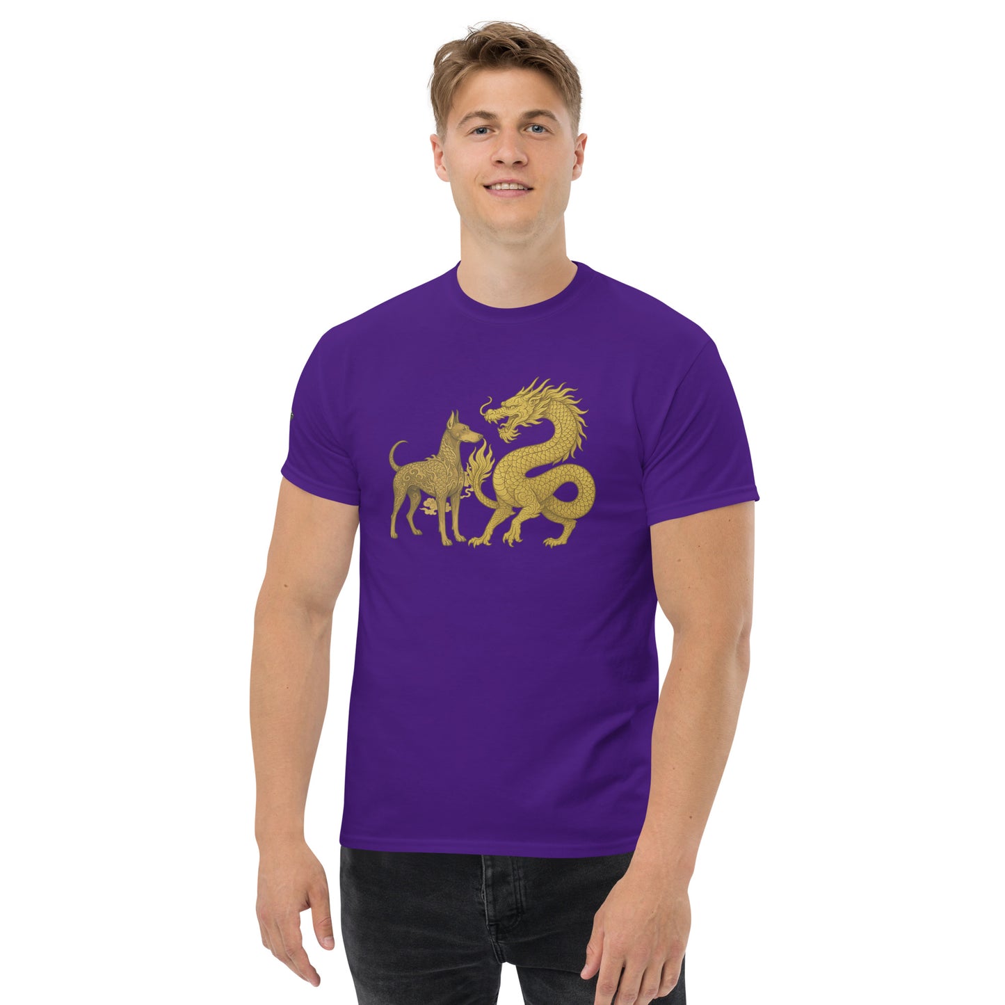 T-shirt classique adulte unisexe violet duo Dragon et Dobermann dorés