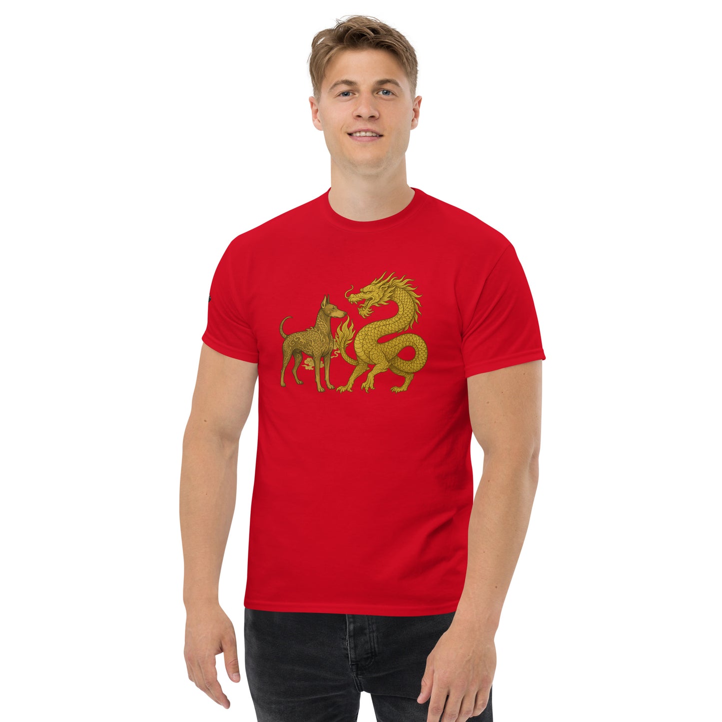 T-shirt classique adulte unisexe rouge duo Dragon et Dobermann dorés