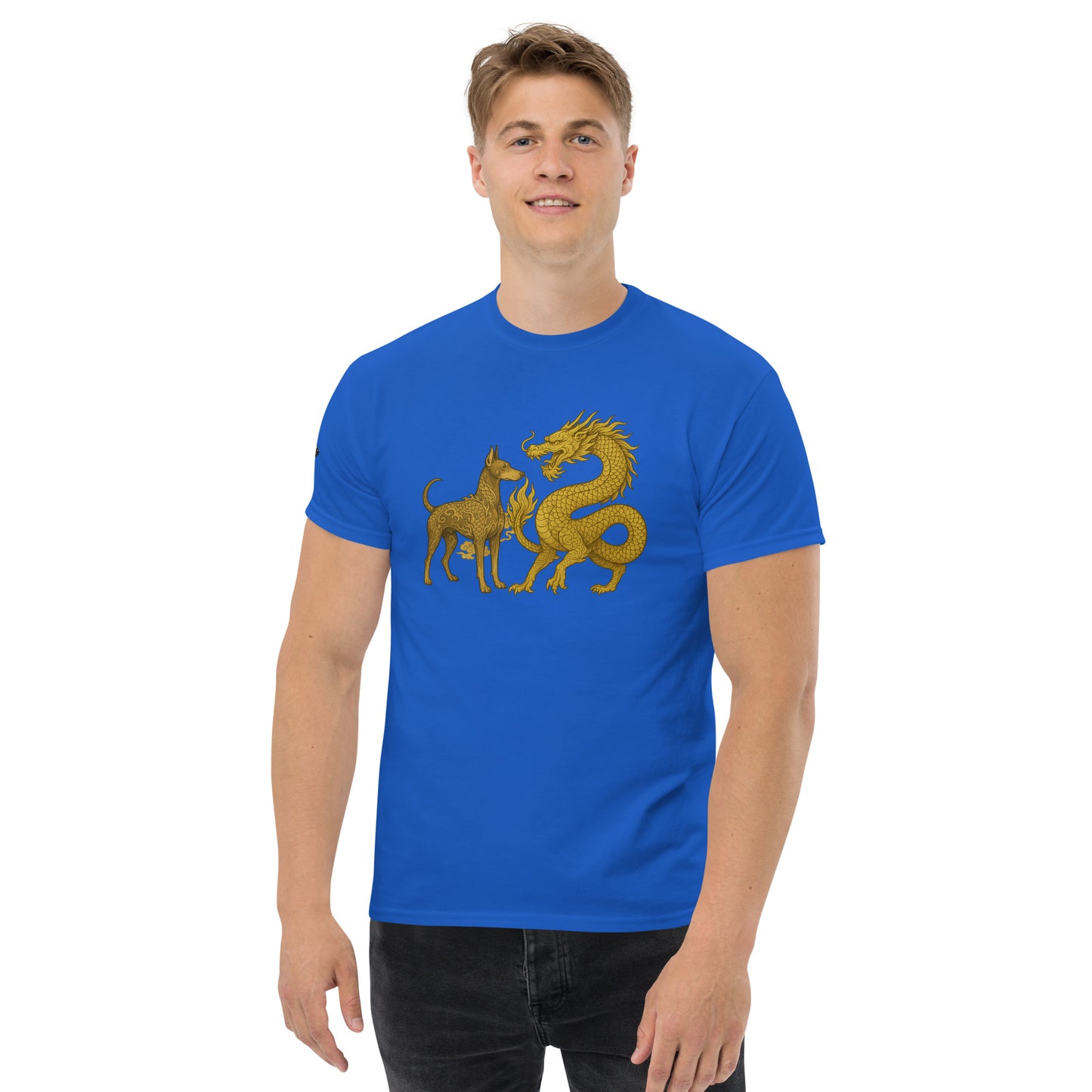T-shirt classique adulte unisexe bleu duo Dragon et Dobermann dorés