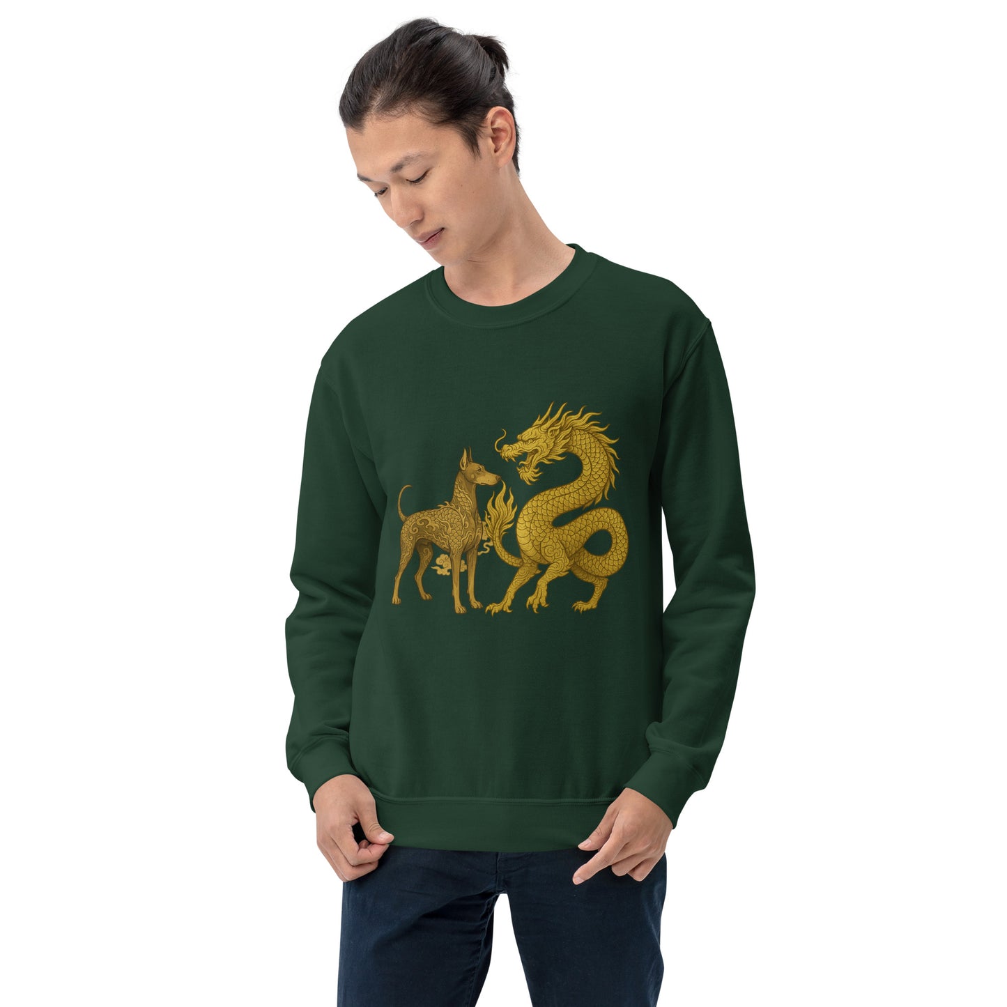 Sweat adulte Unisexe à Col Rond vert Dragon+Dobermann