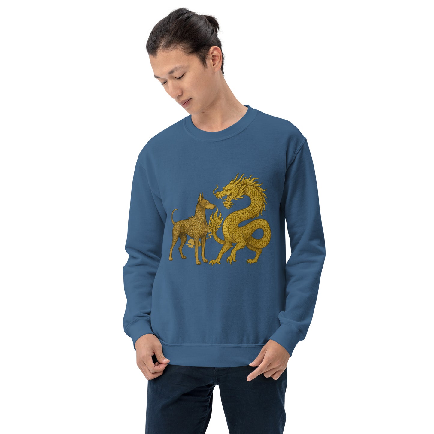 Sweat adulte Unisexe à Col Rond bleu Dragon+Dobermann