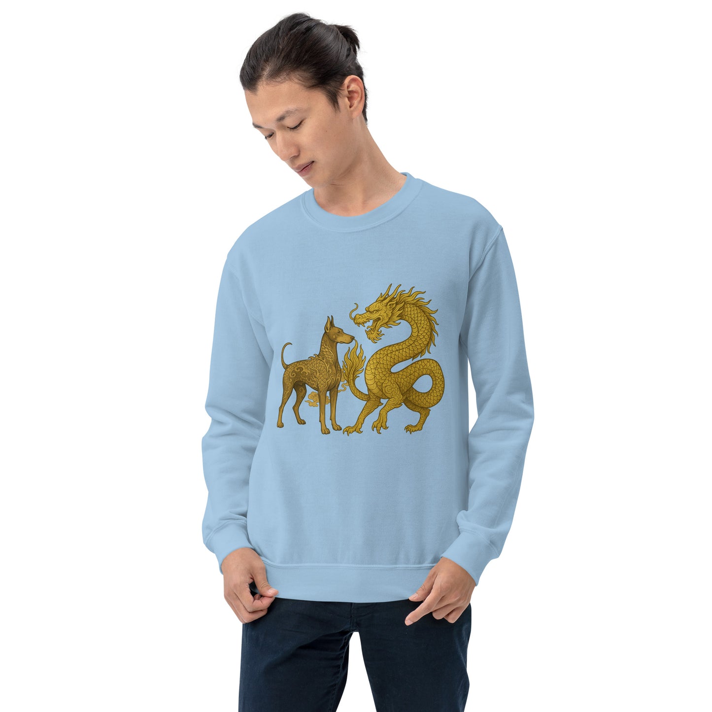 Sweat adulte Unisexe à Col Rond bleu Dragon+Dobermann