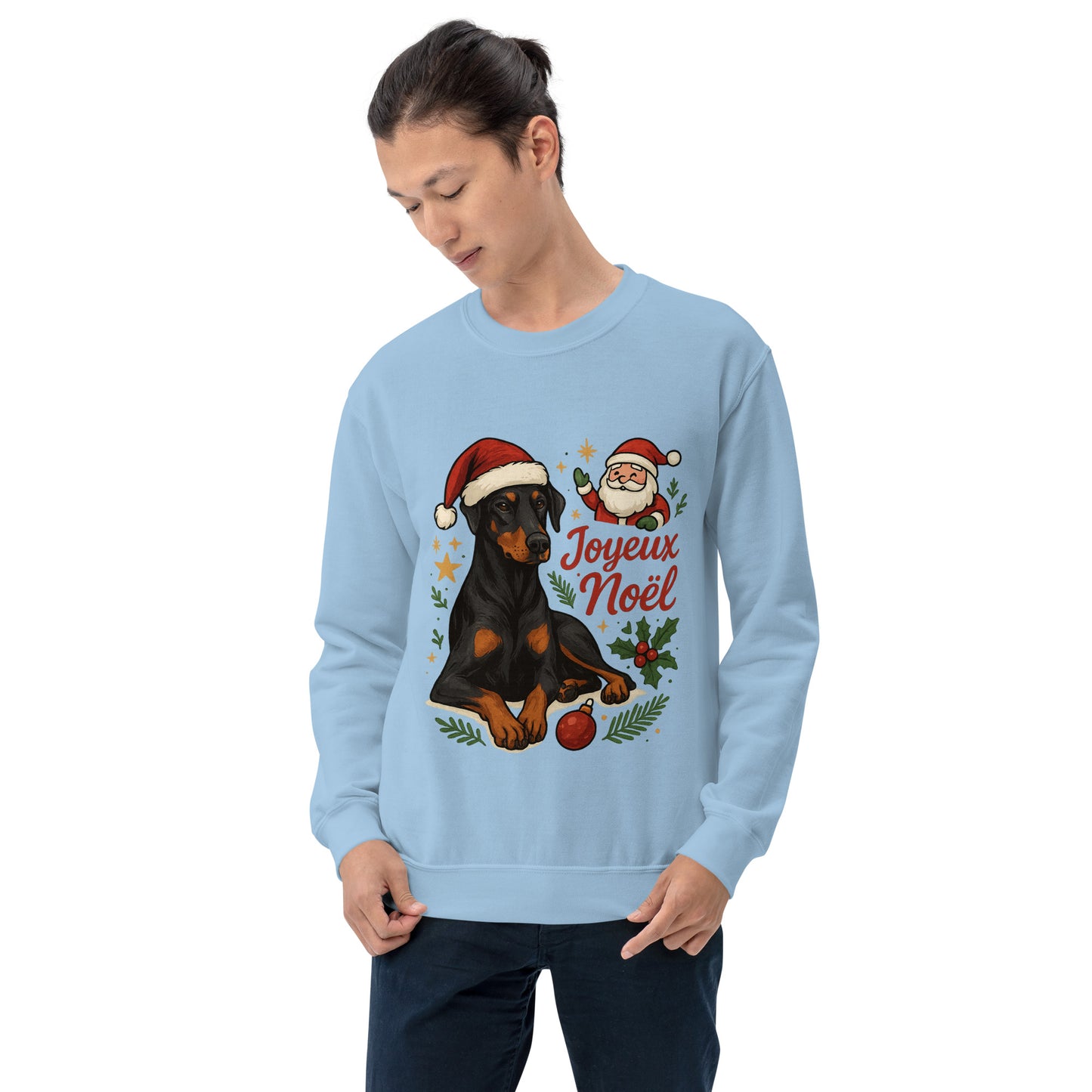 Sweat adulte Unisexe à Col Rond bleu Noel Dobermann