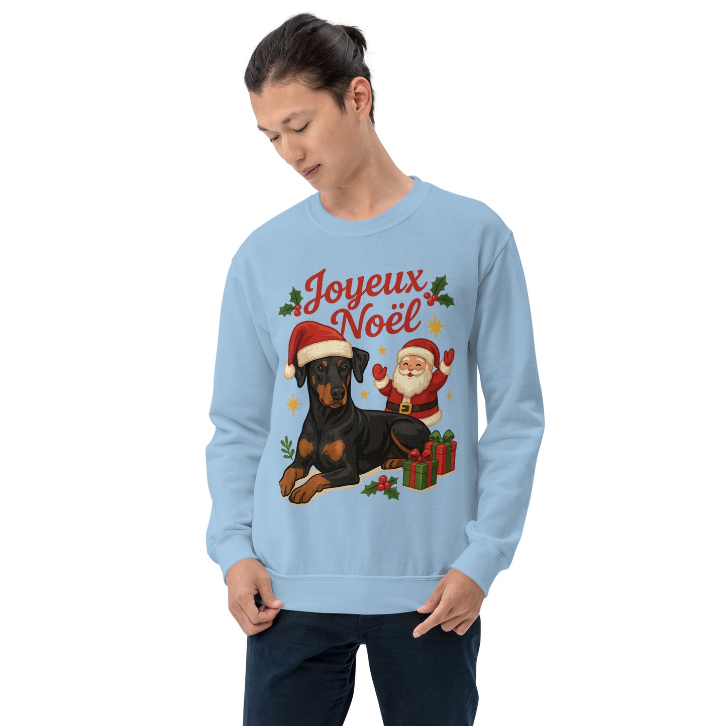 Sweat adulte Unisexe à Col Rond bleu Noel Dobermann