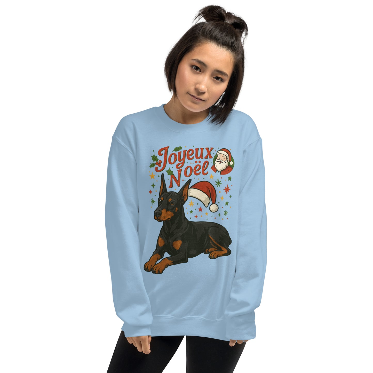 Sweat adulte Unisexe à Col Rond bleu Noel Dobermann