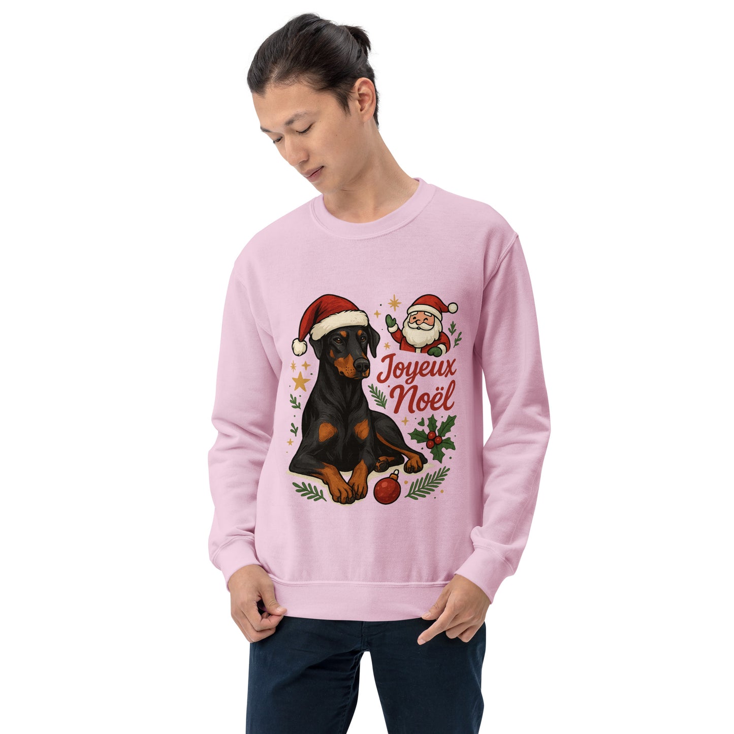 Sweat adulte Unisexe à Col Rond rose Noel Dobermann