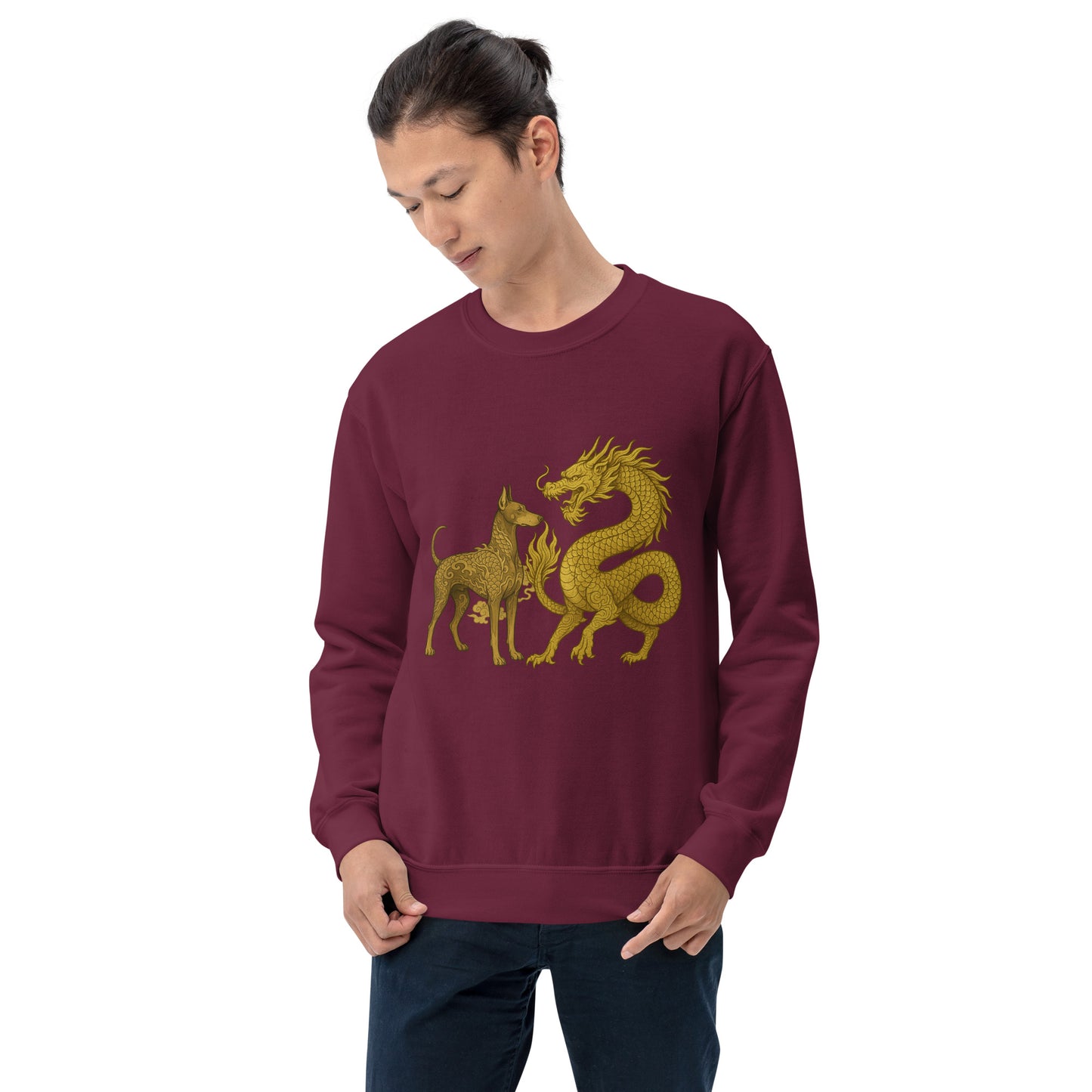 Sweat adulte Unisexe à Col Rond bordeaux Dragon+Dobermann