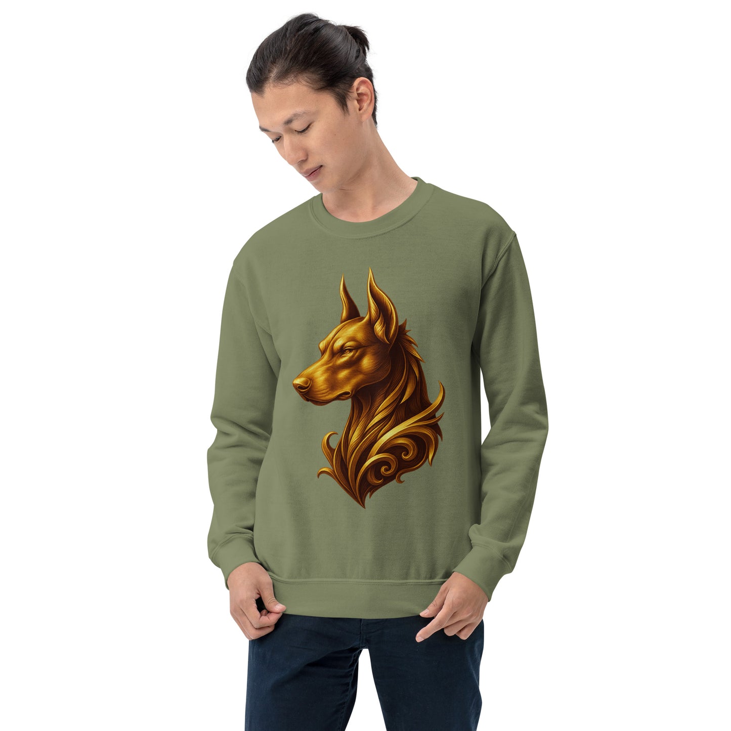 Sweat adulte Unisexe à Col Rond vert tête majestueuse Dobermann