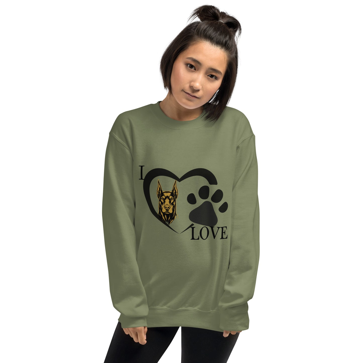 Sweat adulte Unisexe à Col Rond vert I love Dobermann