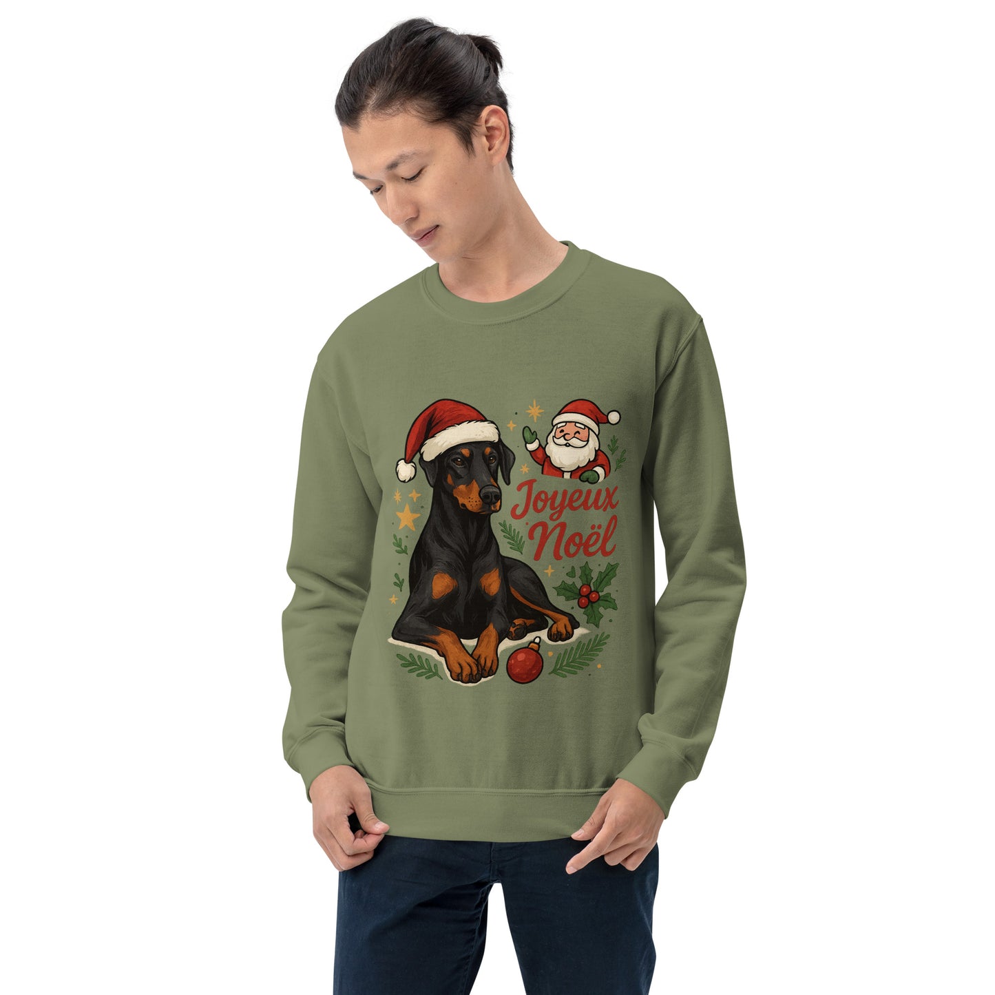 Sweat adulte Unisexe à Col Rond vert Noel Dobermann