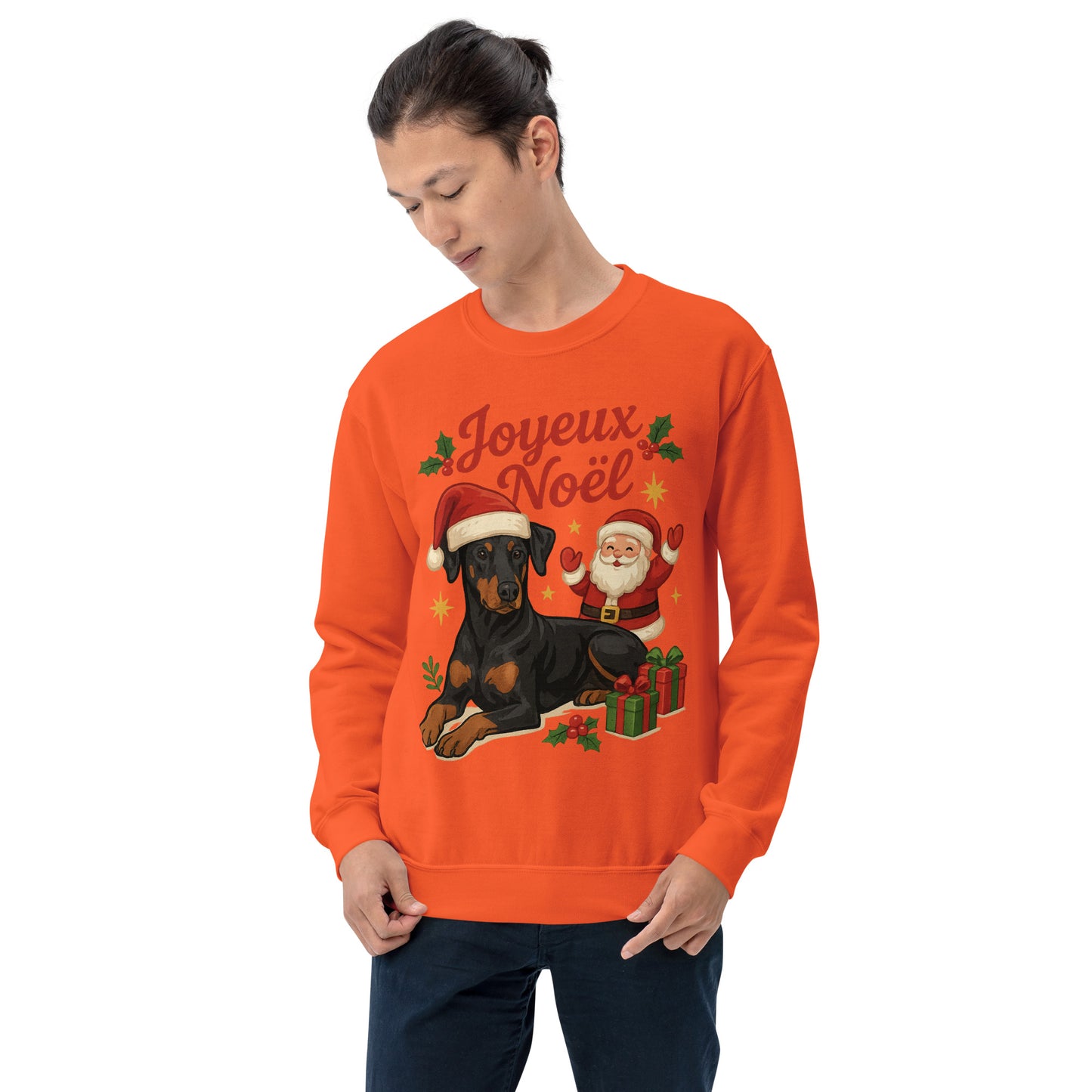 Sweat adulte Unisexe à Col Rond orange Noel Dobermann
