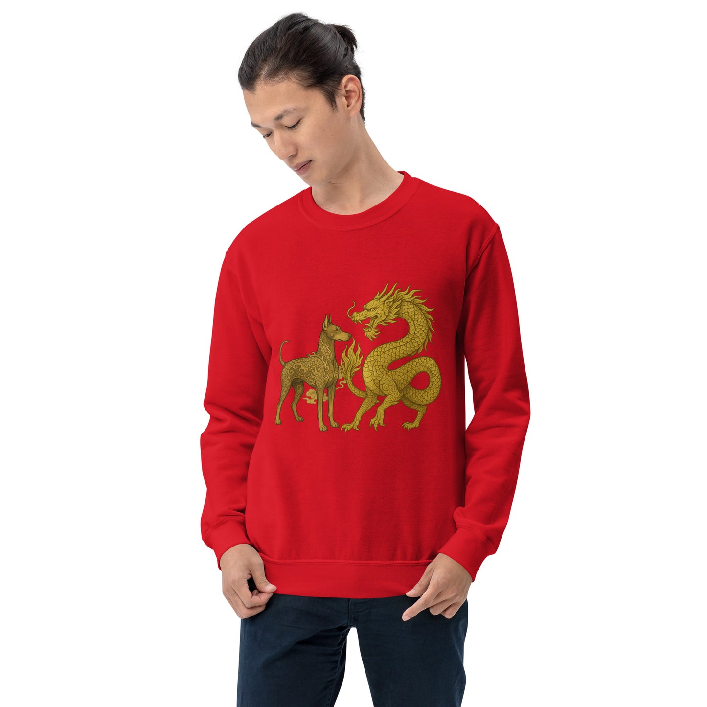 Sweat adulte Unisexe à Col Rond rouge Dragon+Dobermann