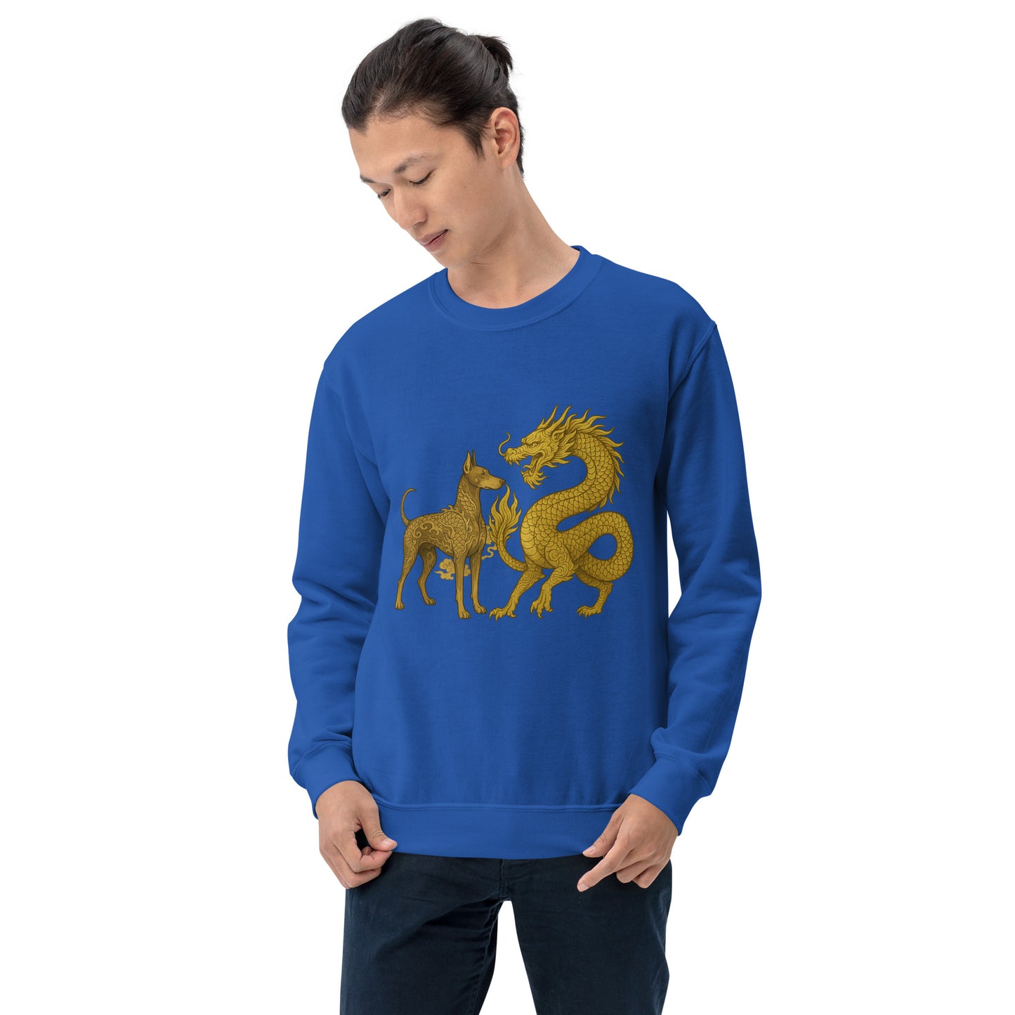 Sweat adulte Unisexe à Col Rond bleu Dragon+Dobermann