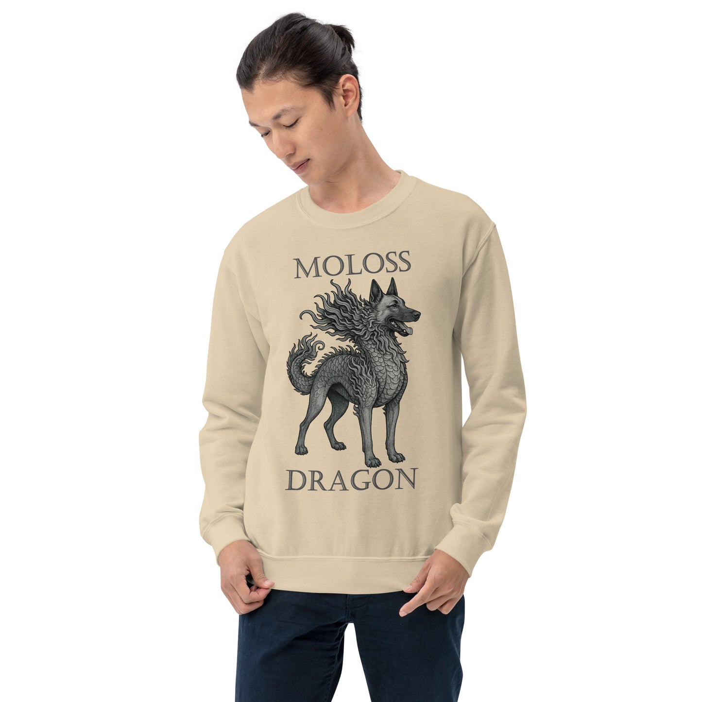 Sweat adulte Unisexe à Col Rond beige Moloss Dragon Malinois