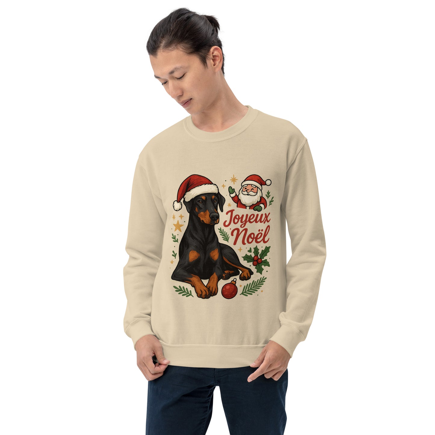 Sweat adulte Unisexe à Col Rond beige Noel Dobermann