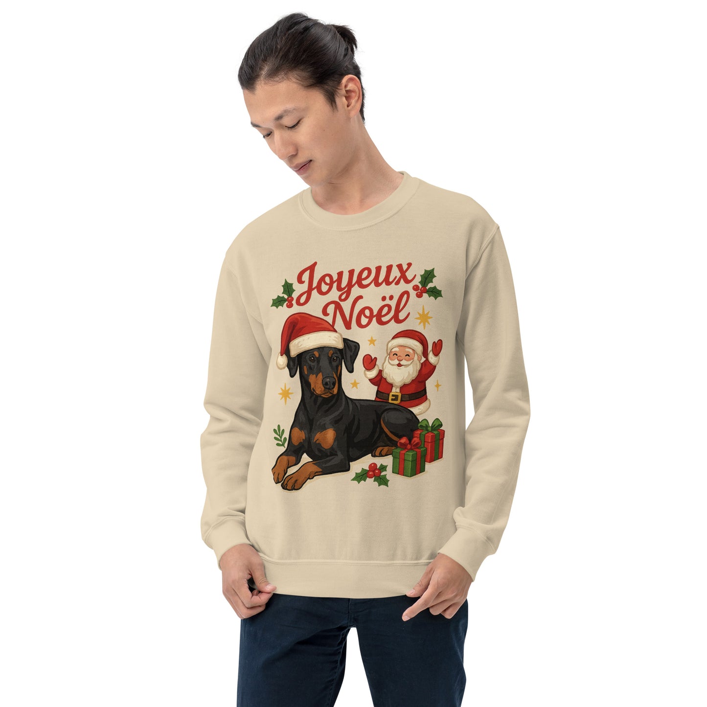 Sweat adulte Unisexe à Col Rond beige Noel Dobermann
