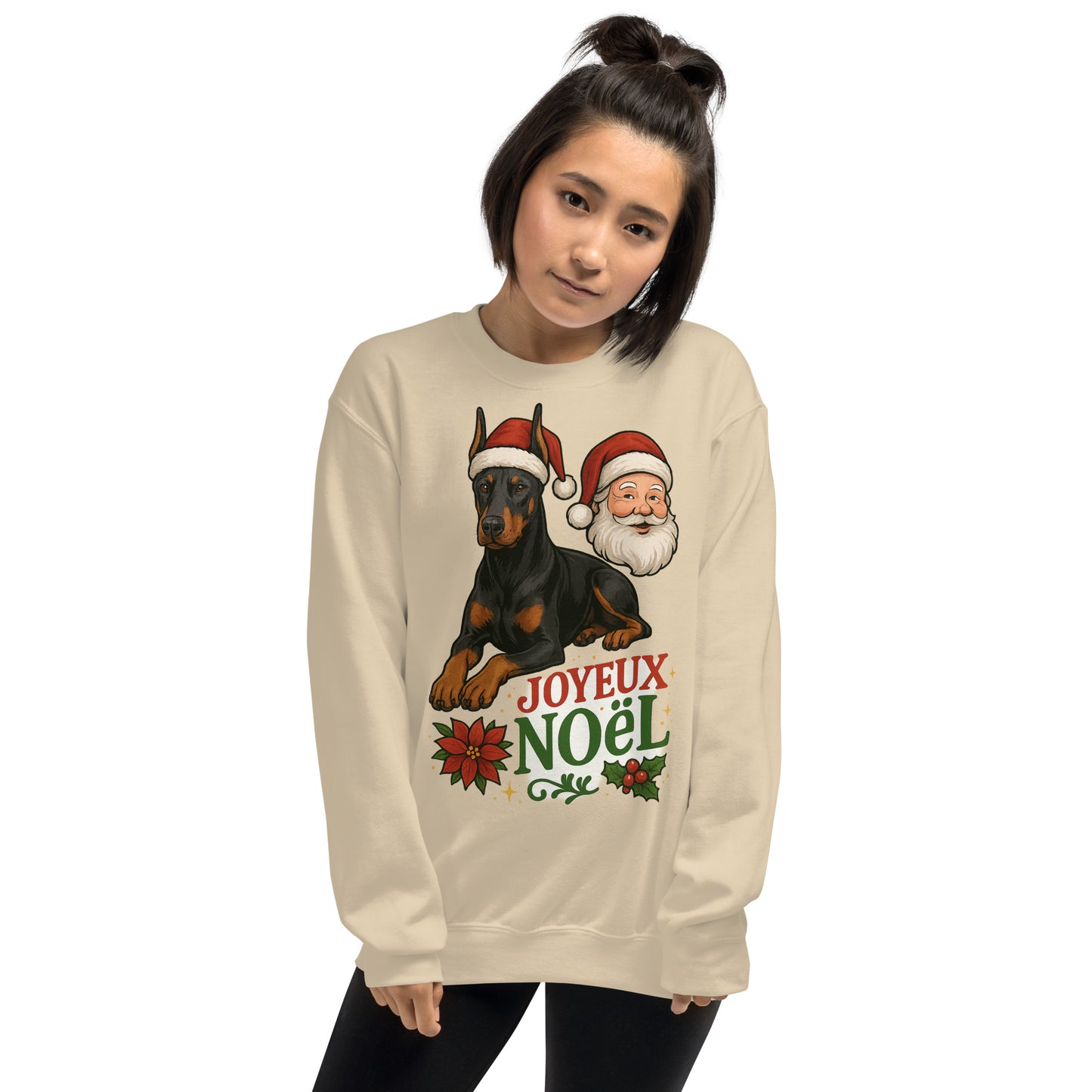 Sweat adulte Unisexe à Col Rond beige Noel Dobermann