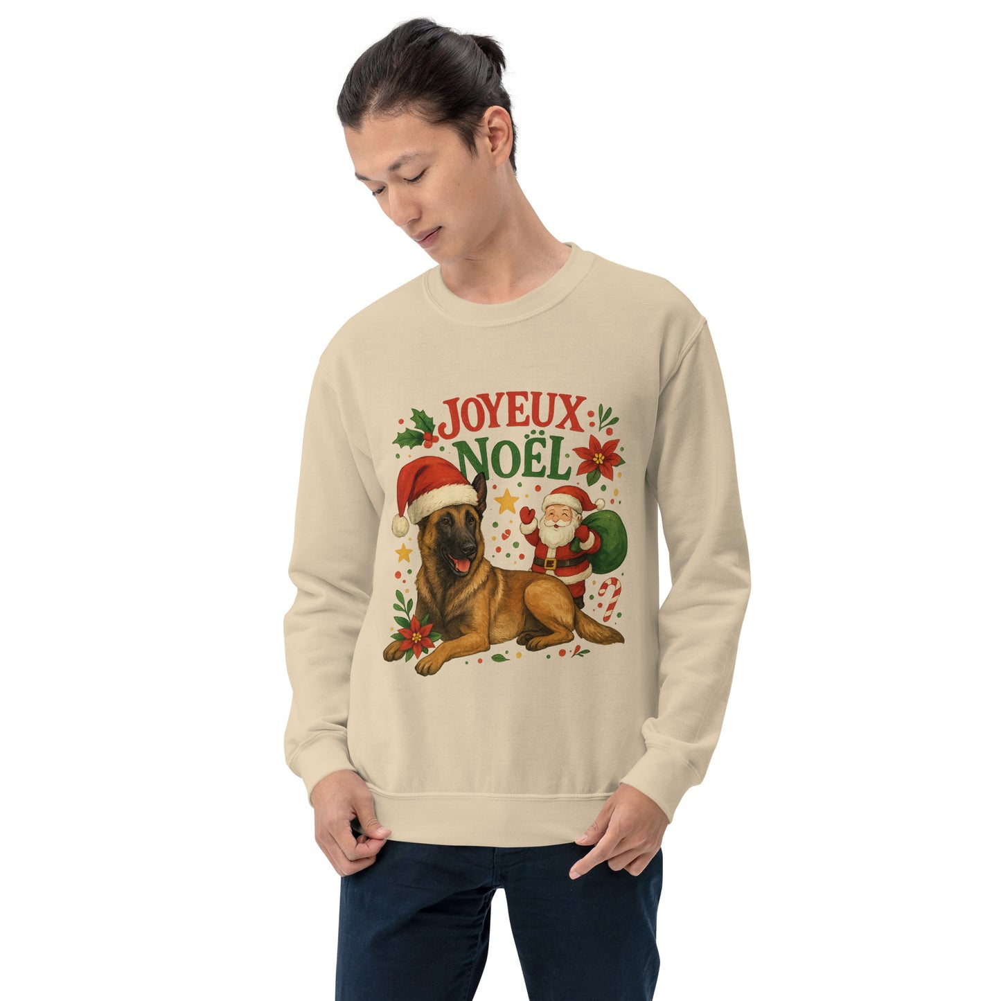 Sweat adulte Unisexe à Col Rond beige Noel Malinois