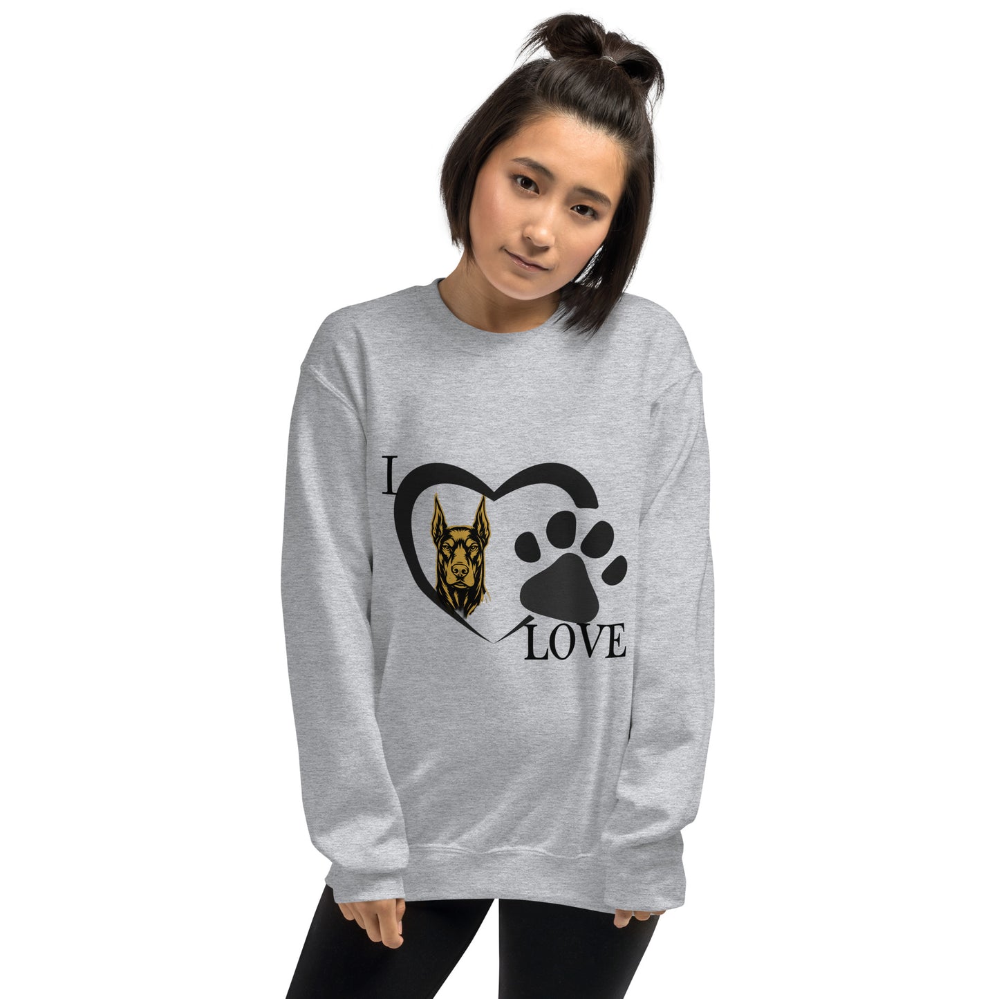 Sweat adulte Unisexe à Col Rond gris I love Dobermann