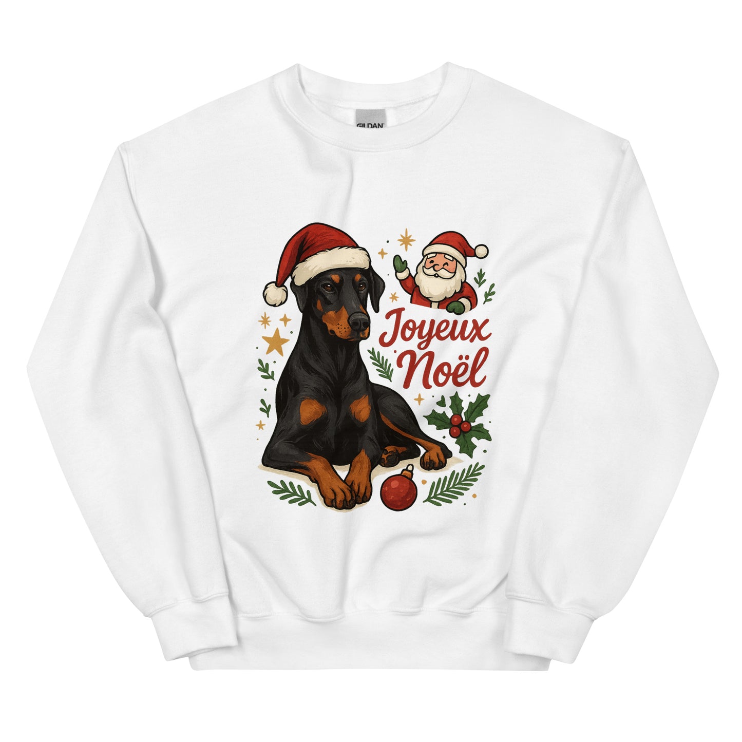 Sweat adulte Unisexe à Col Rond blanc Noel Dobermann