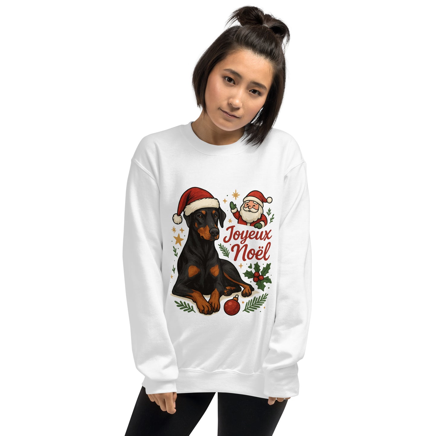 Sweat adulte Unisexe à Col Rond blanc Noel Dobermann