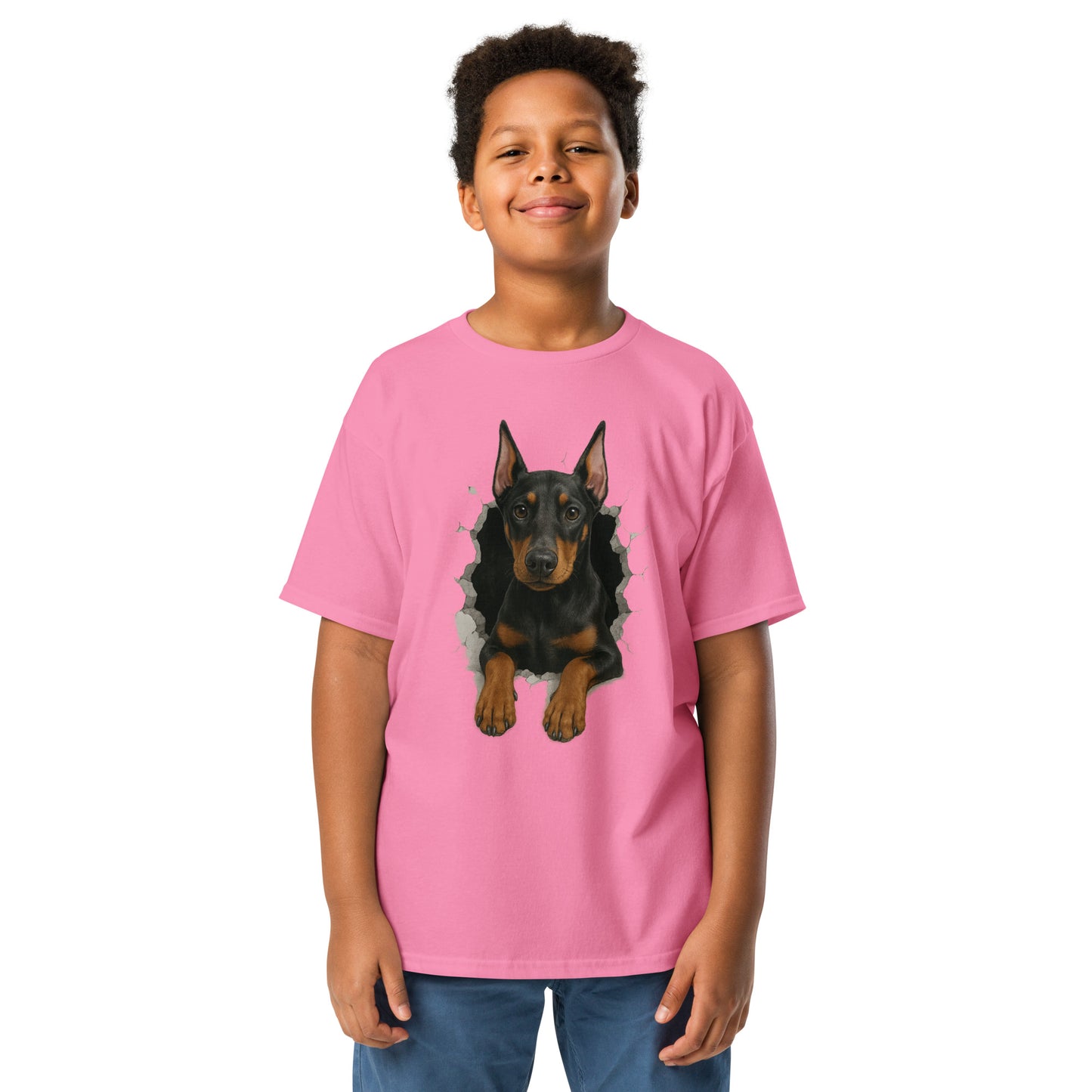 T-shirt classique enfant rose Dobermann trou mur2