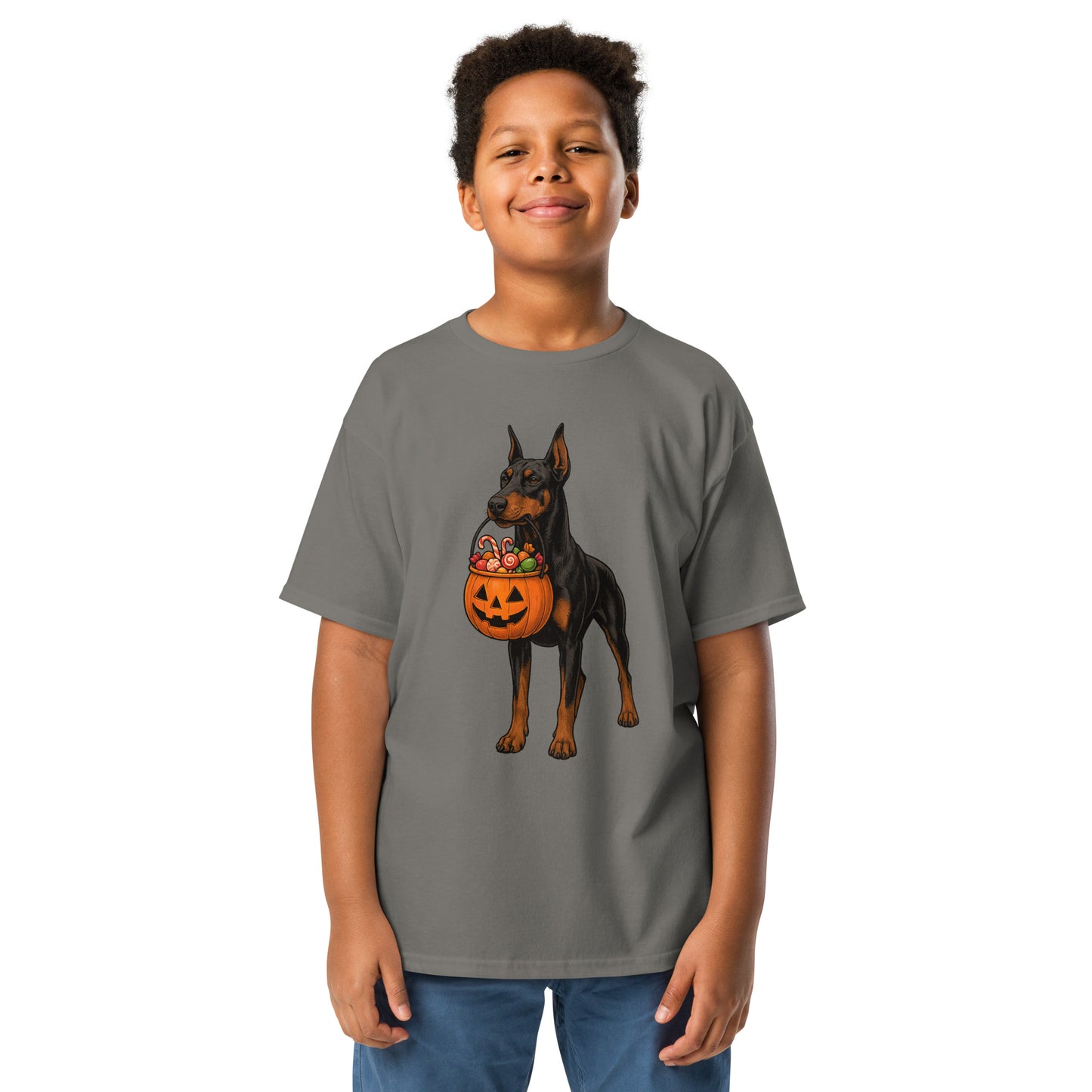 T-shirt classique enfant gris Dobermann Halloween