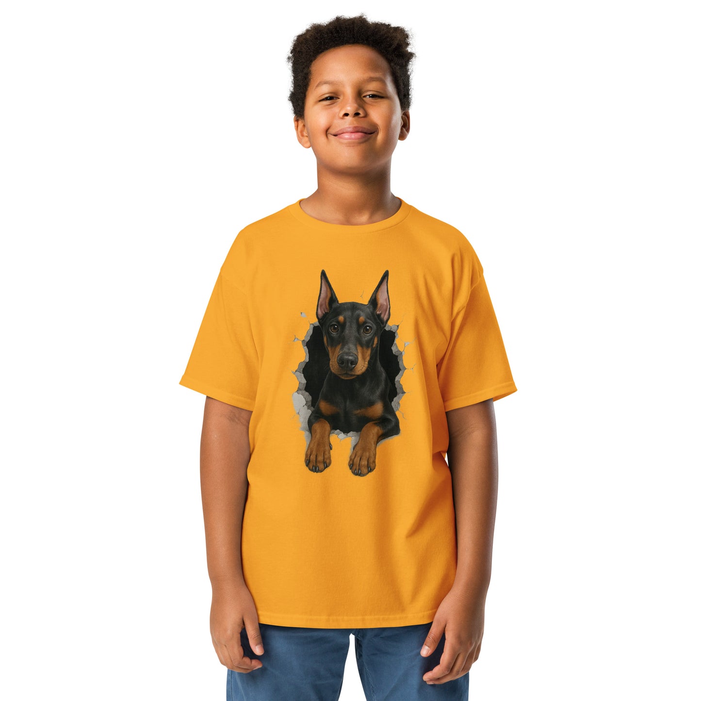 T-shirt classique enfant jaune Dobermann trou mur2
