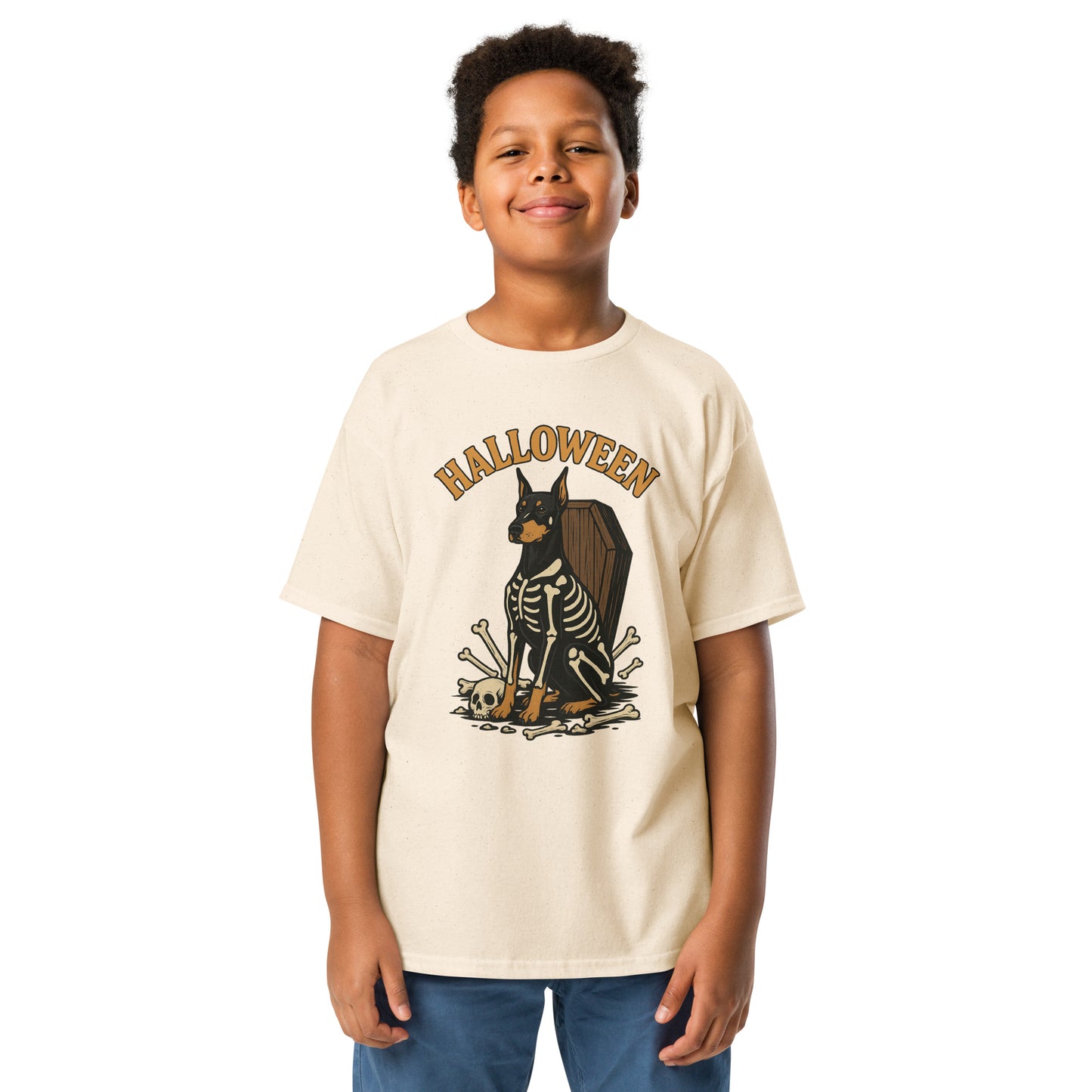 T-shirt classique enfant beige Dobermann Halloween