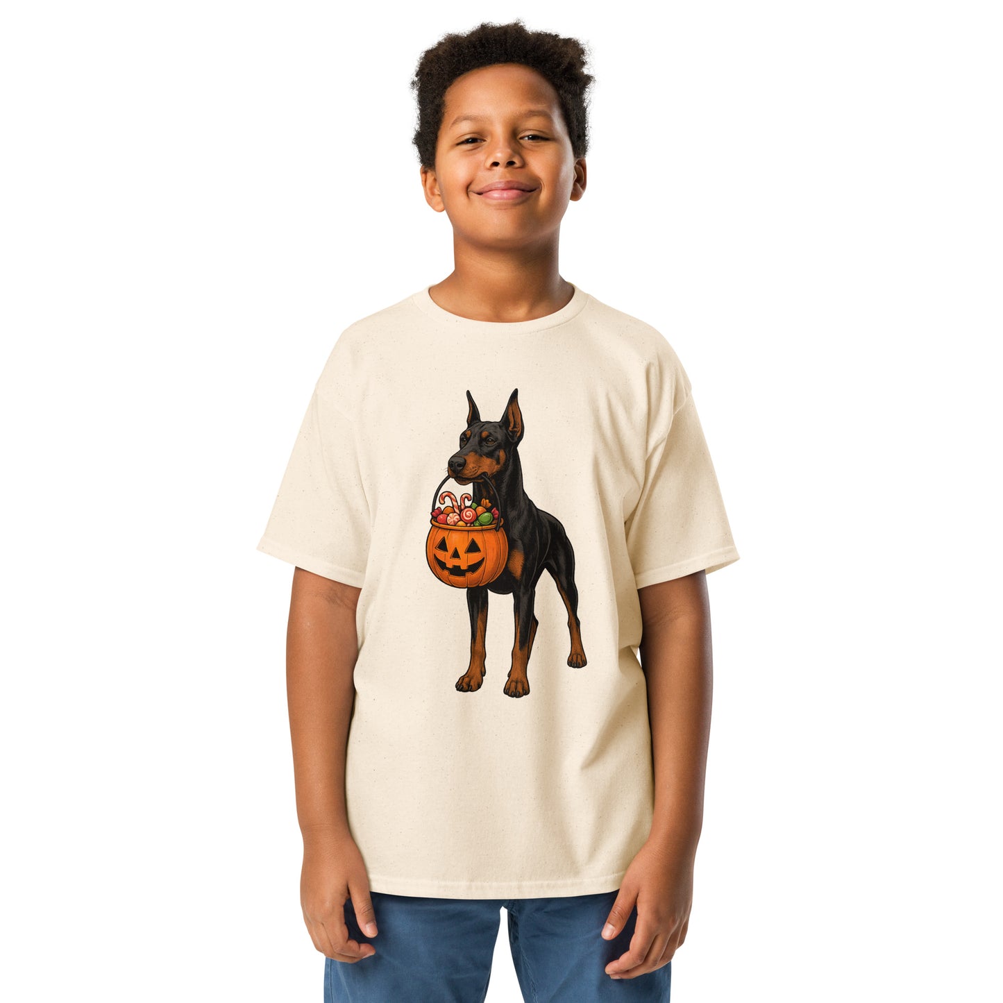 T-shirt classique enfant beige Dobermann Halloween