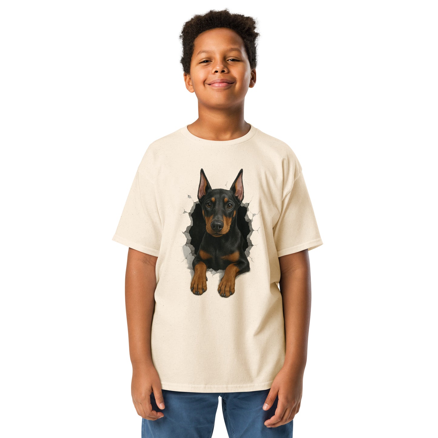 T-shirt classique enfant beige Dobermann trou mur2
