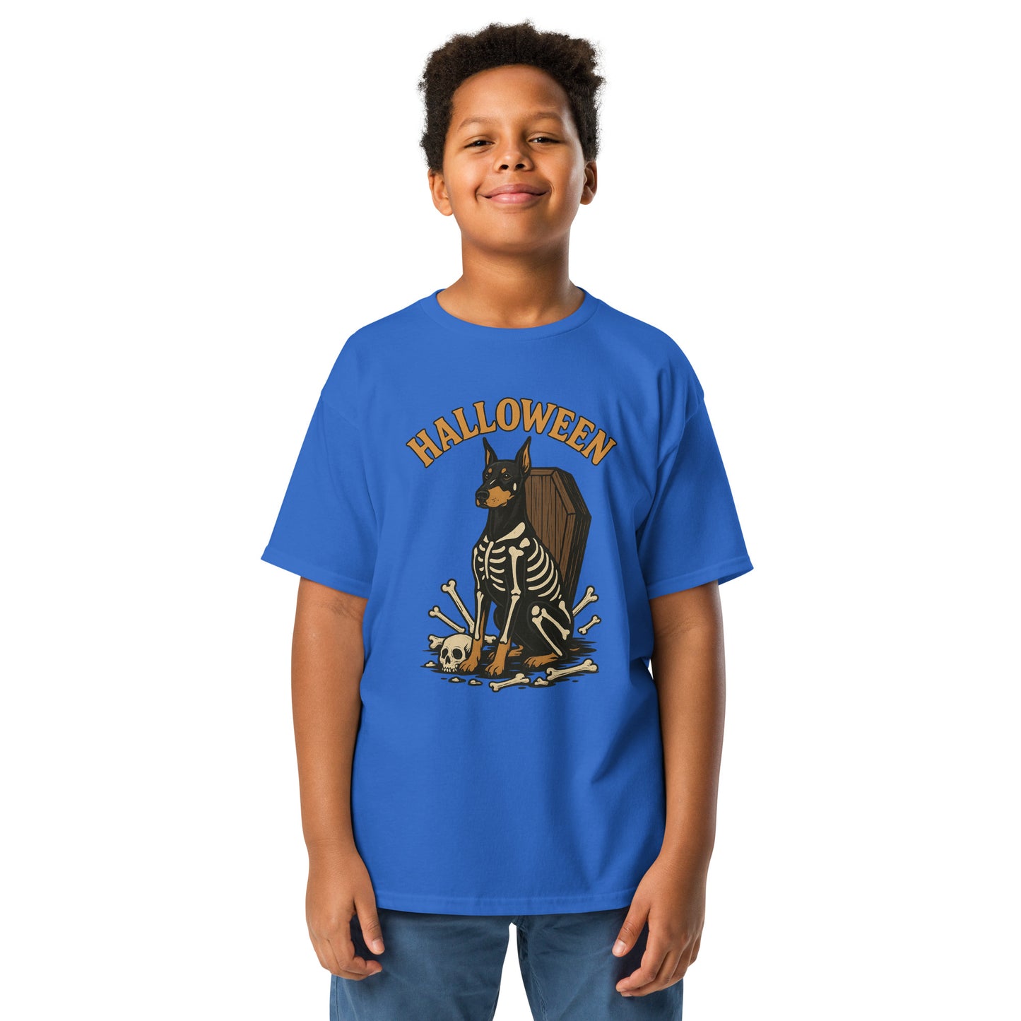 T-shirt classique enfant bleu Dobermann Halloween
