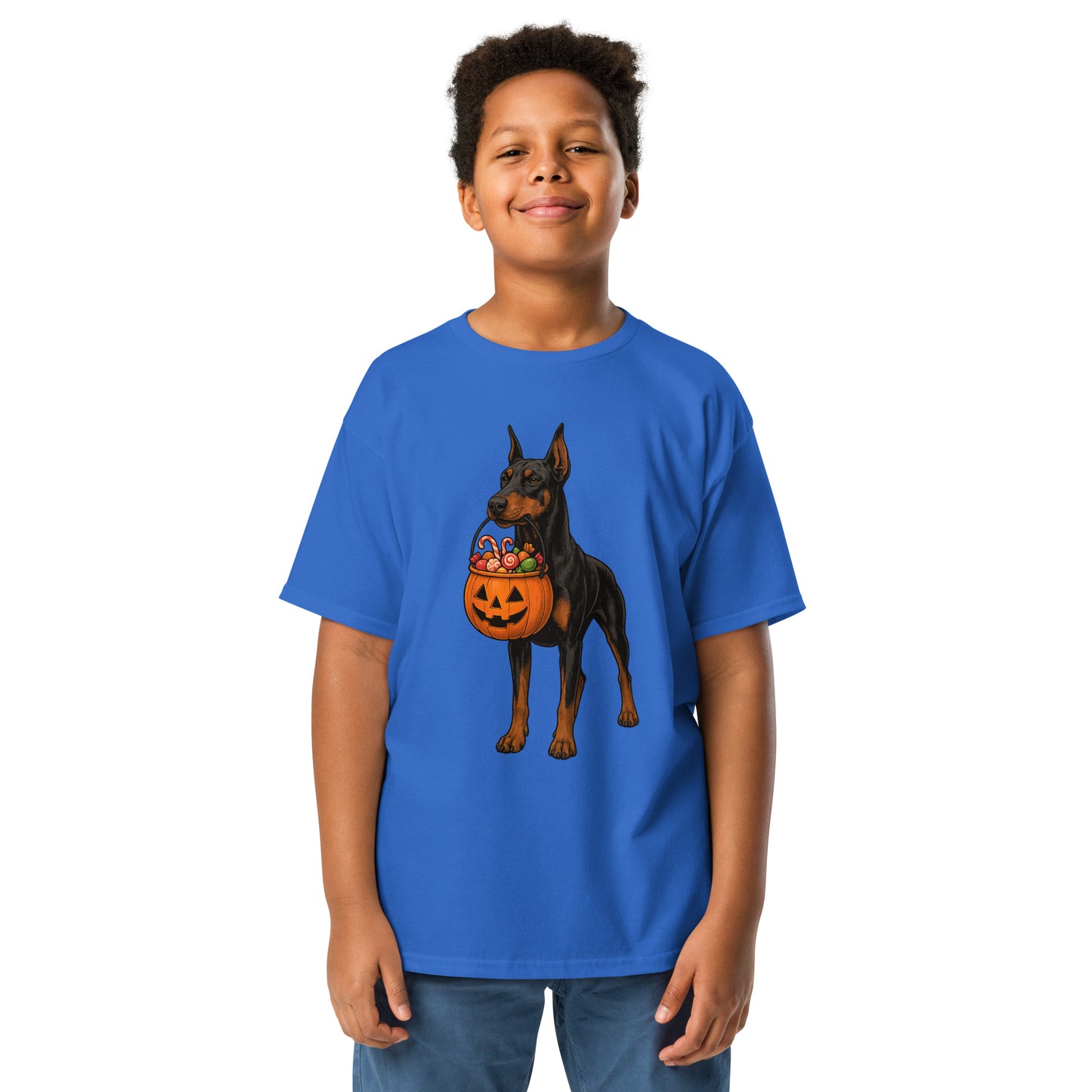 T-shirt classique enfant bleu Dobermann Halloween