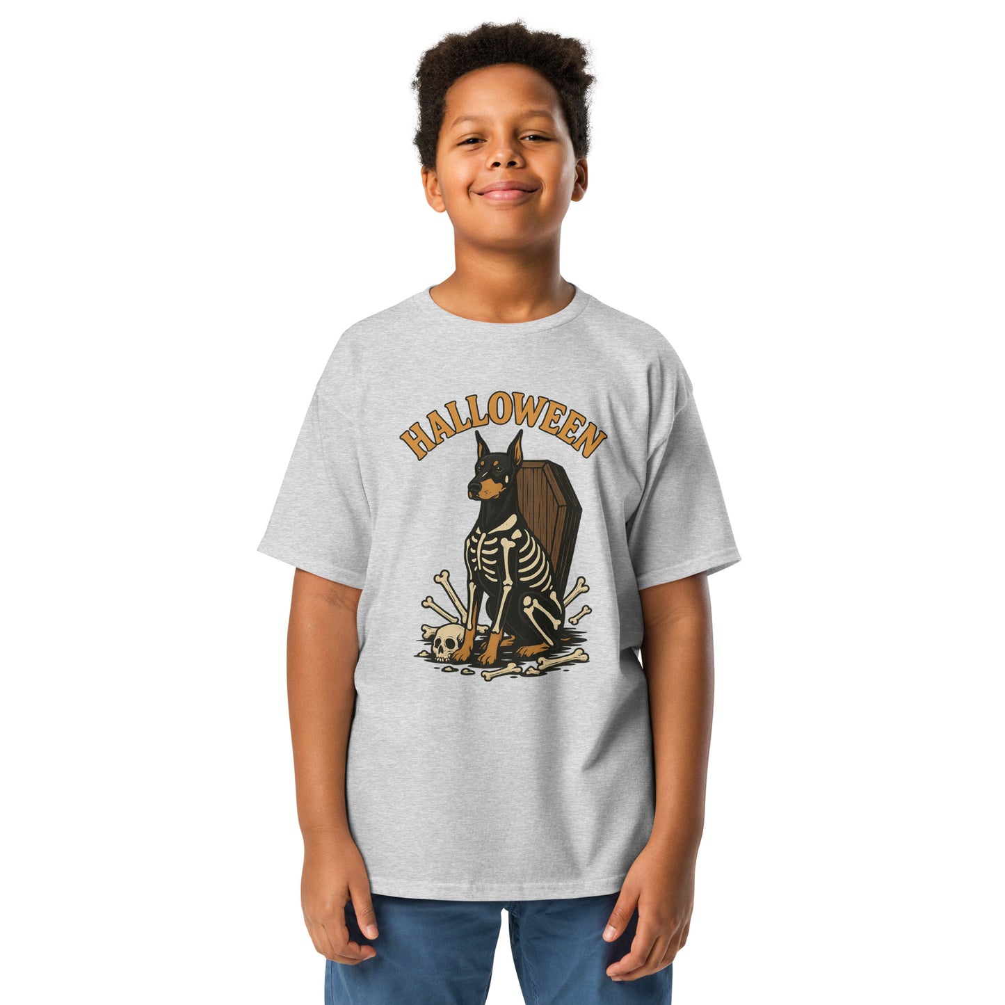 T-shirt classique enfant gris Dobermann Halloween