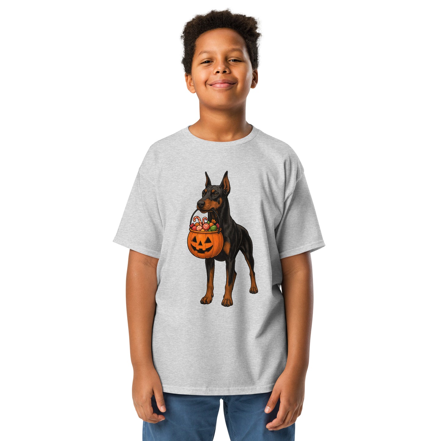T-shirt classique enfant gris Dobermann Halloween