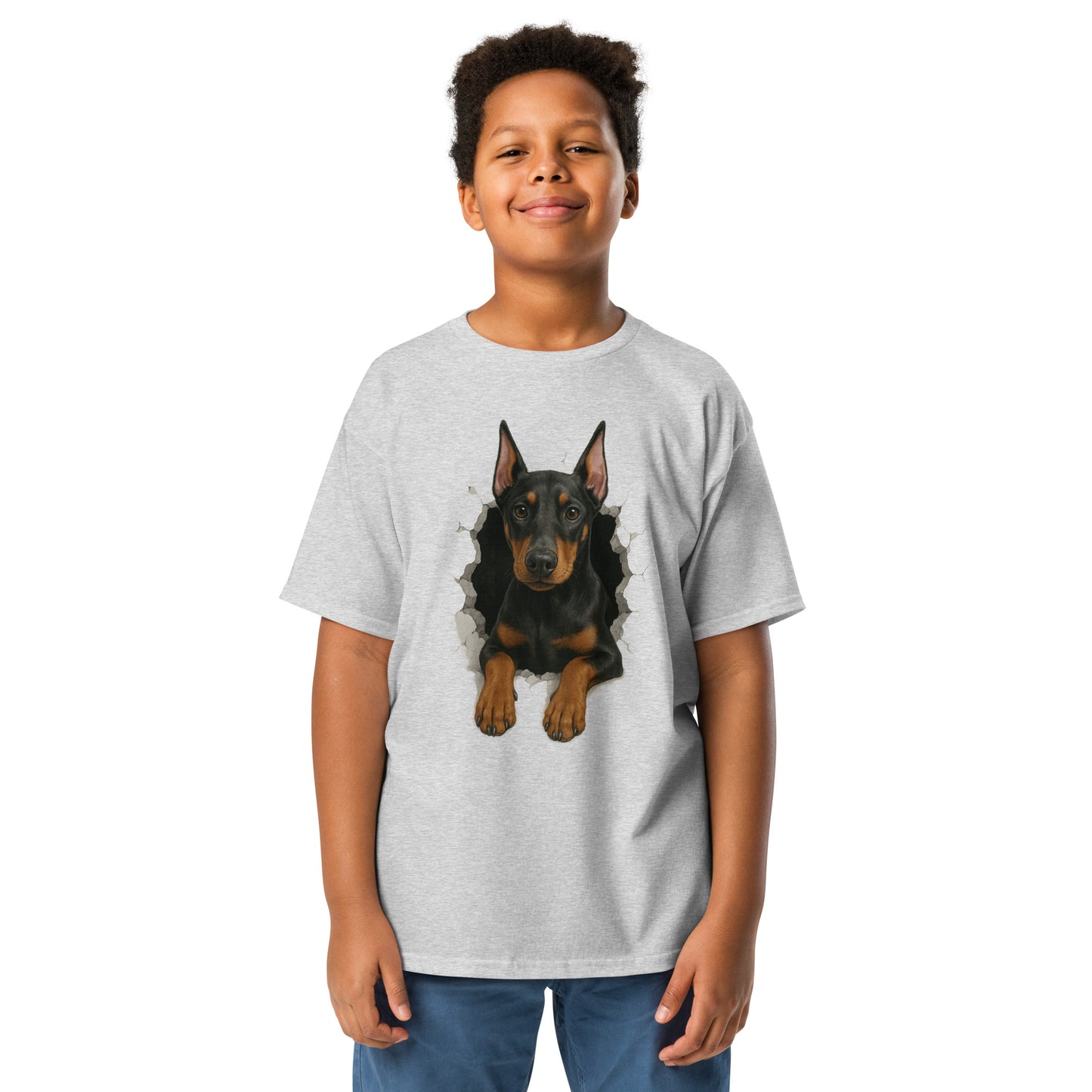 T-shirt classique enfant gris Dobermann trou mur2