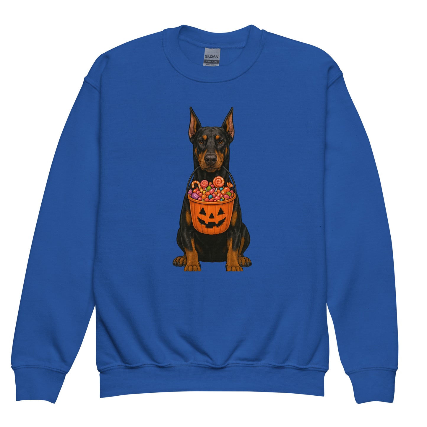 Sweat classique enfant bleu Dobermann halloween1