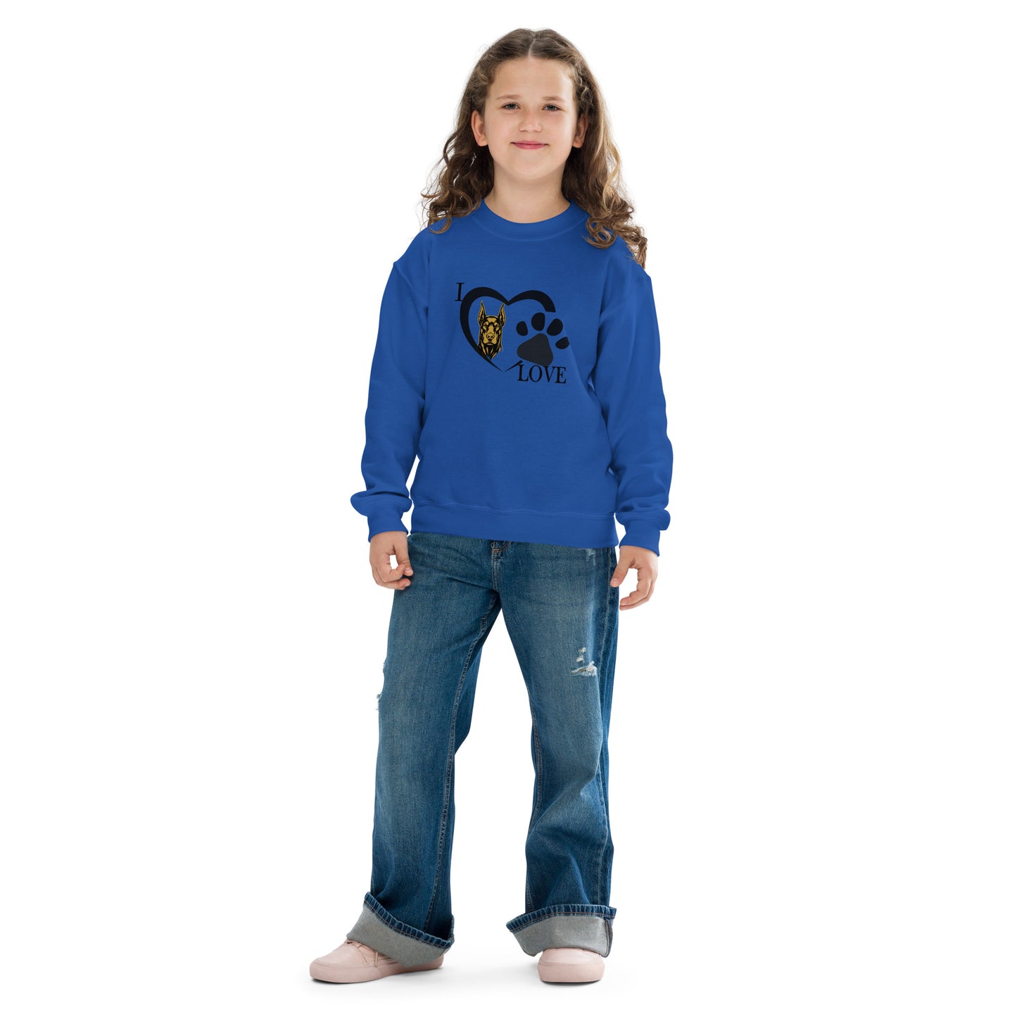 Sweat classique enfant unisexe bleu I love Dobermann