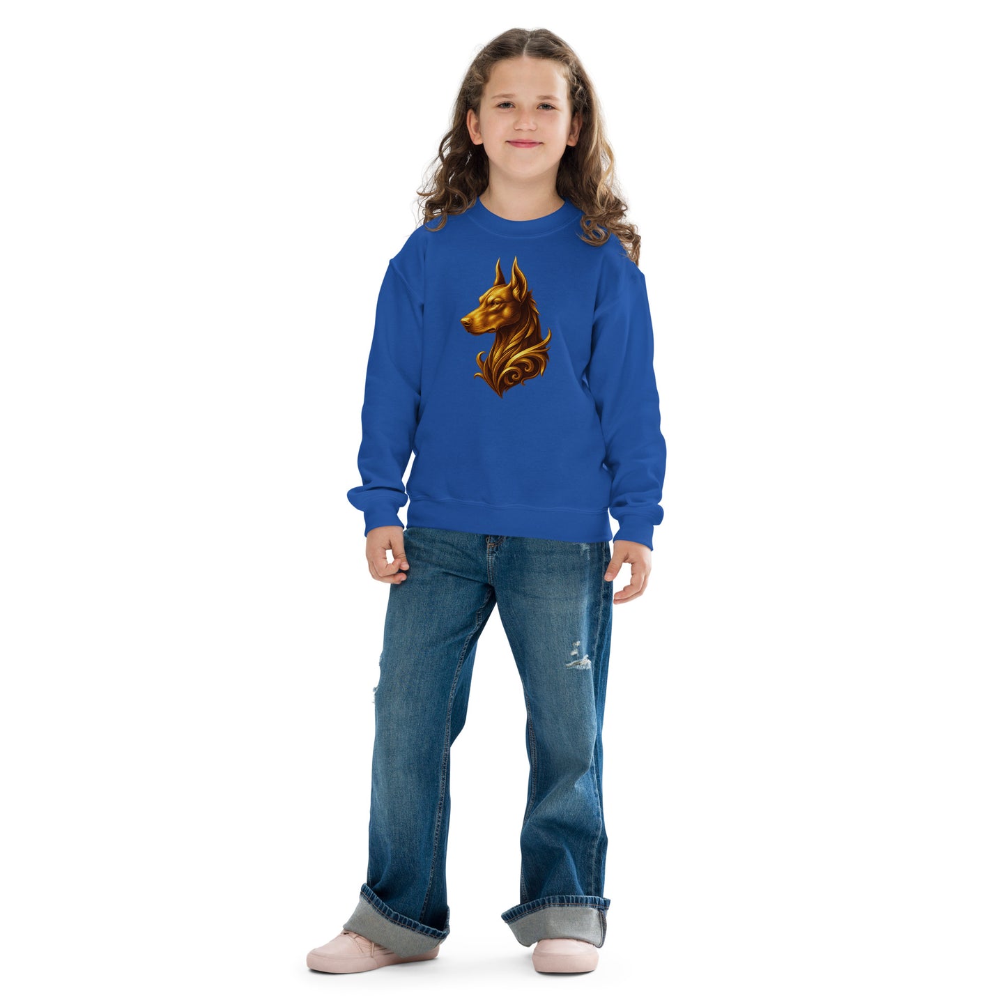 Sweat classique enfant unisexe bleu tête majestueuse Dobermann