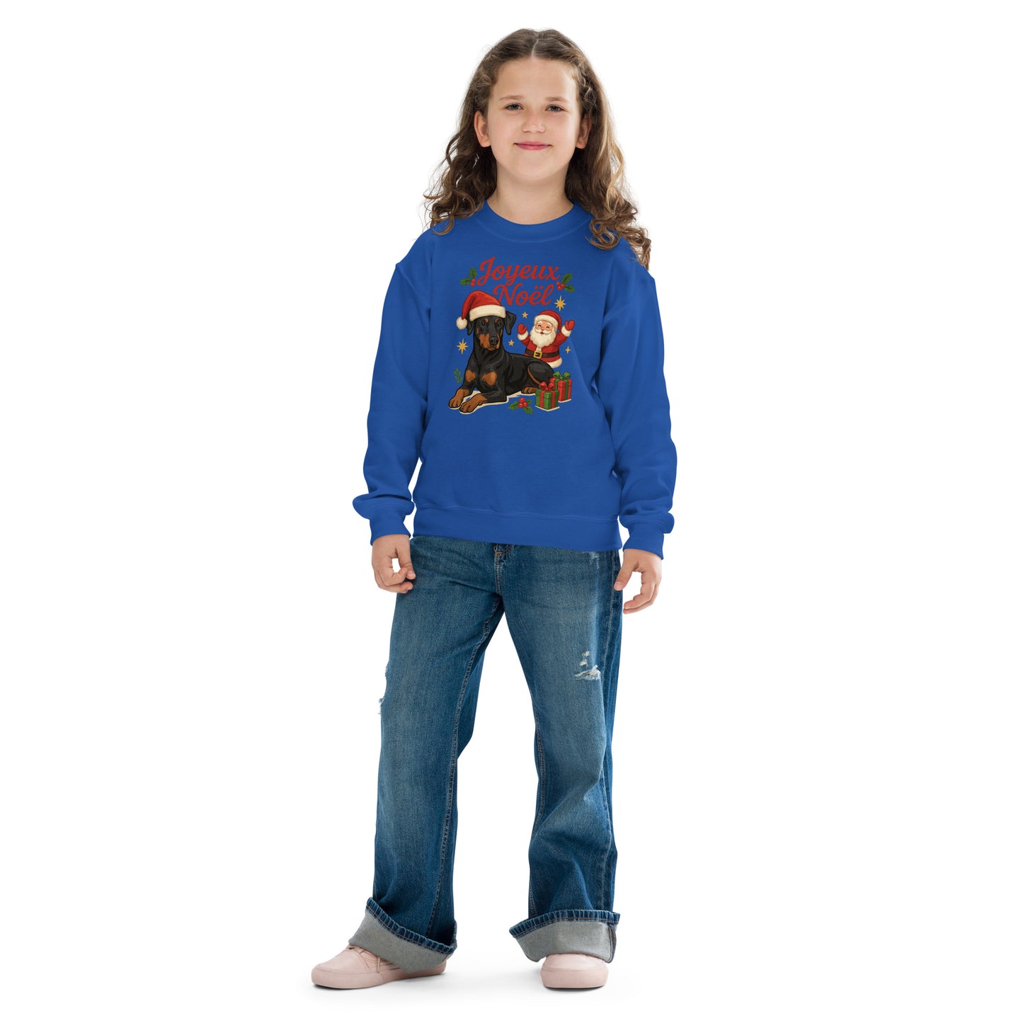 Sweat classique enfant unisexe bleu Noel Dobermann