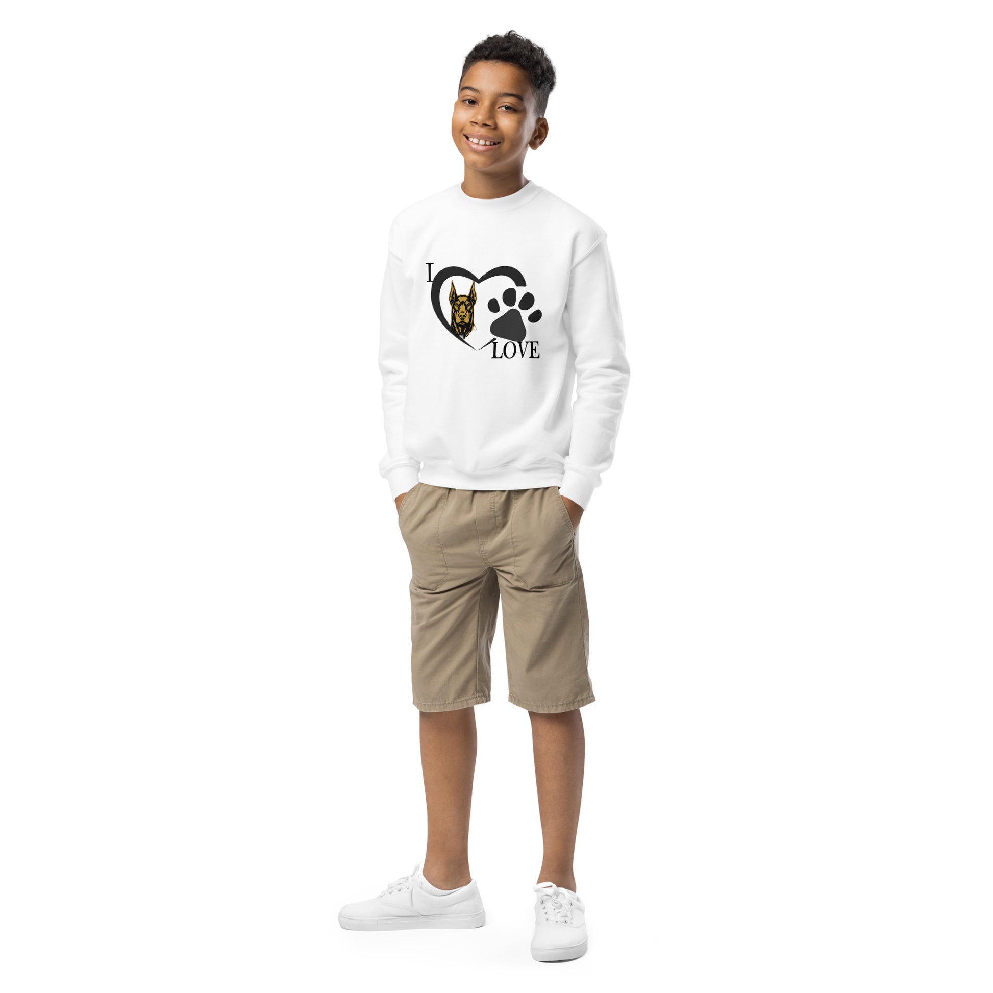 Sweat classique enfant unisexe blanc  I love Dobermann
