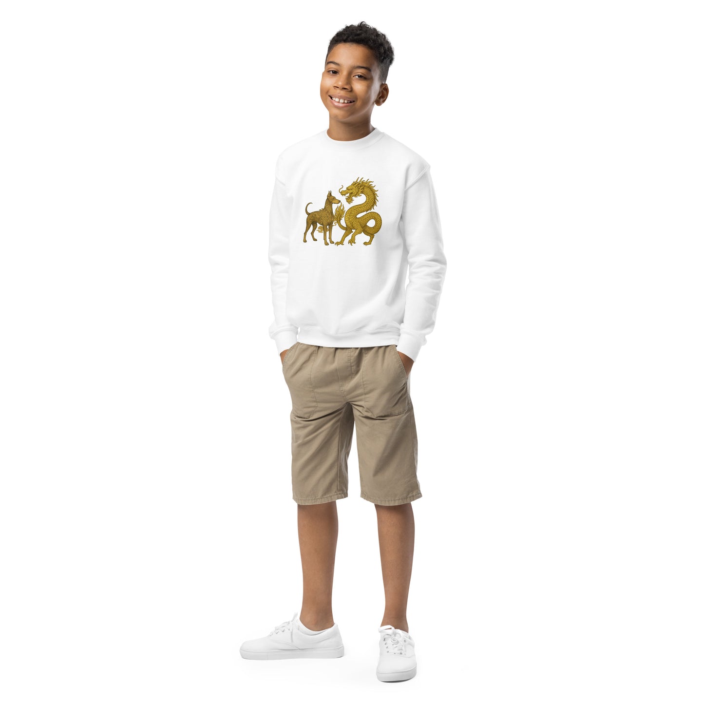 Sweat classique enfant unisexe blanc Dobermann+Dragon