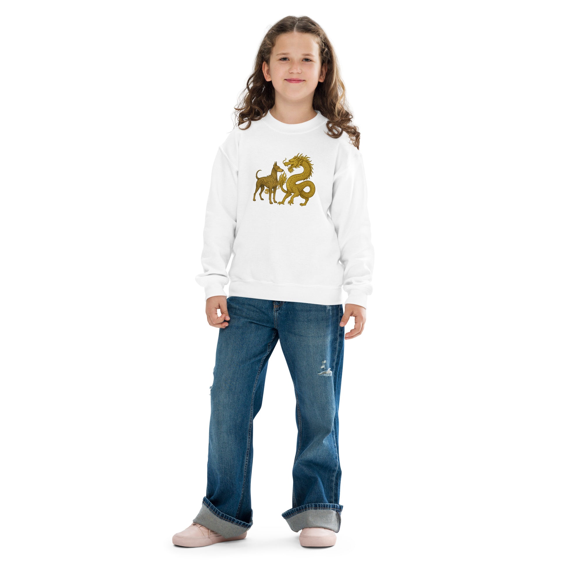 Sweat classique enfant unisexe blanc Dobermann+Dragon