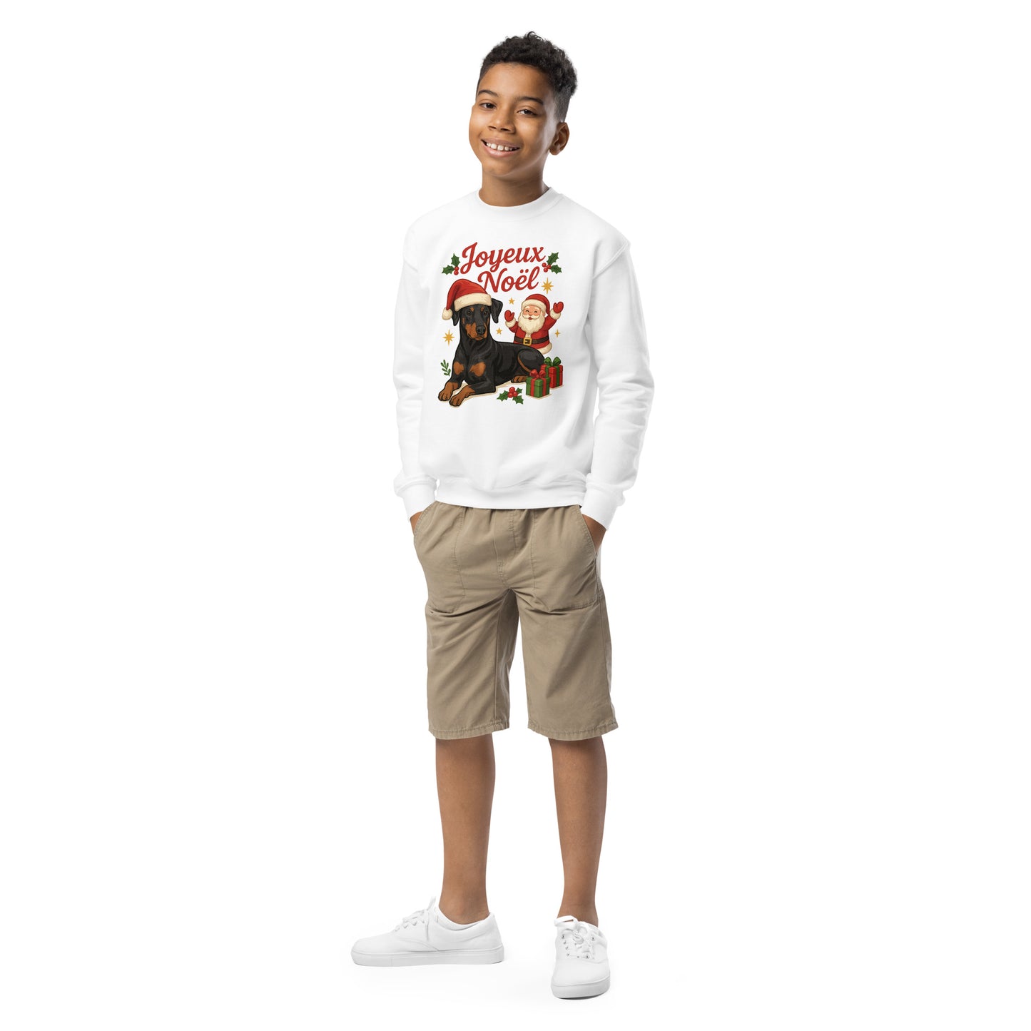 Sweat classique enfant unisexe blanc Noel Dobermann