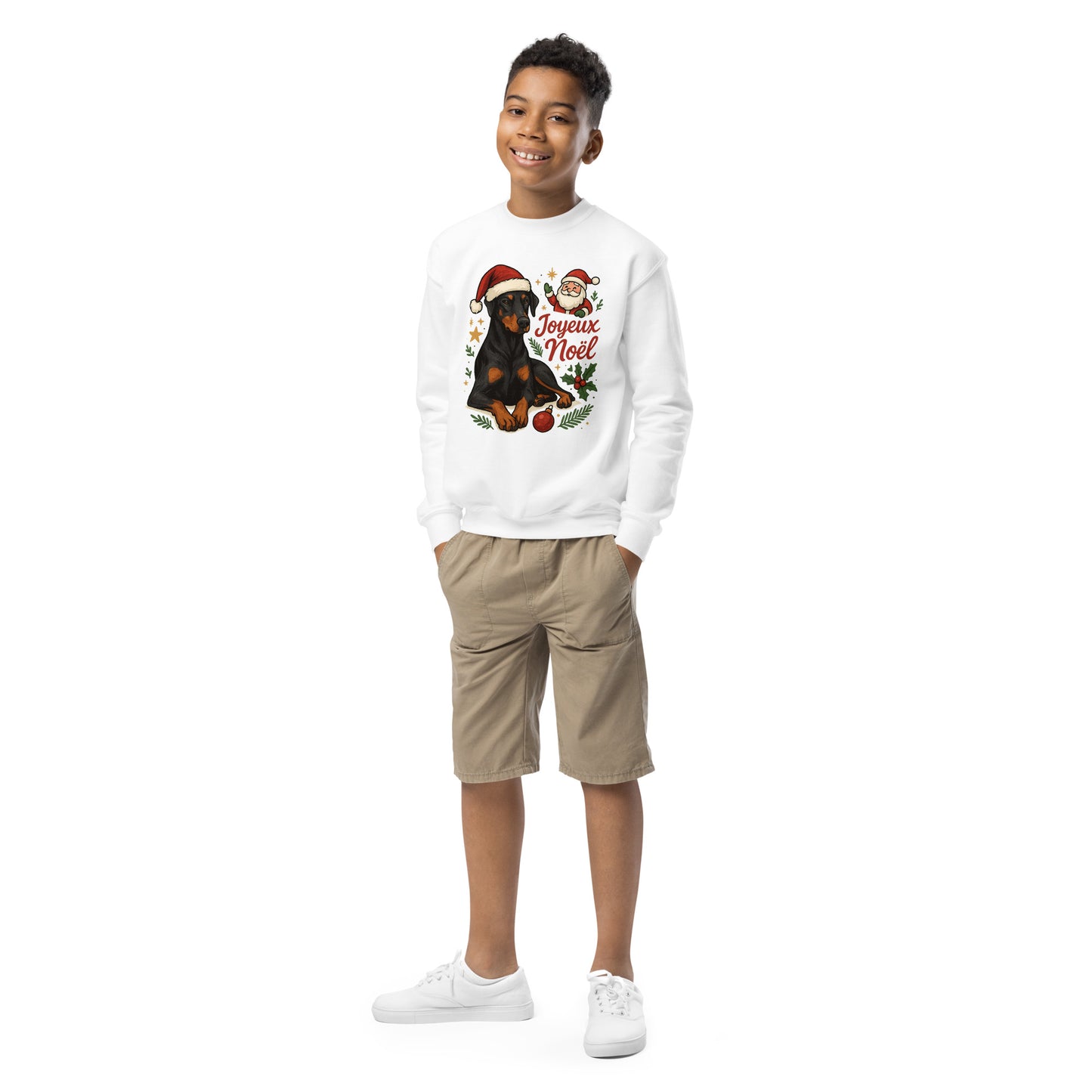 Sweat classique enfant unisexe blanc Noel Dobermann