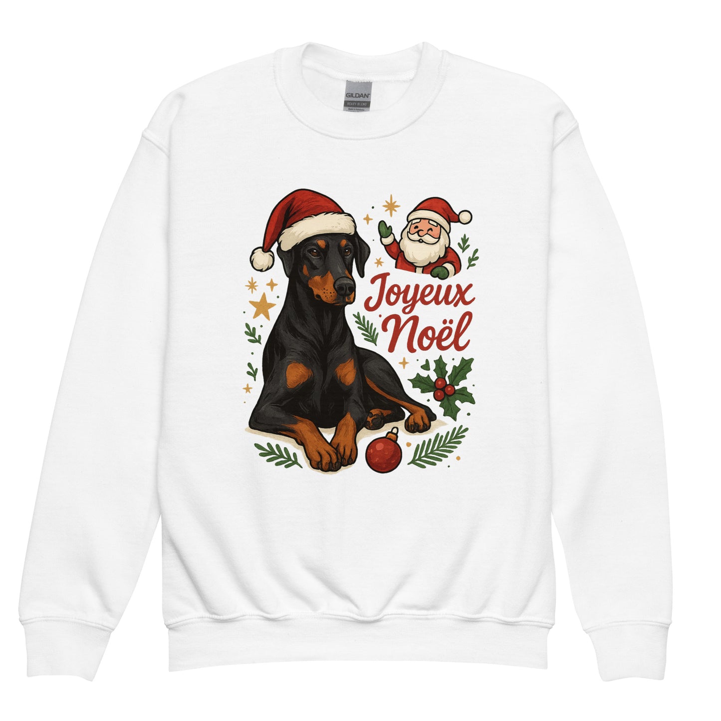 Sweat classique enfant unisexe blanc Noel Dobermann