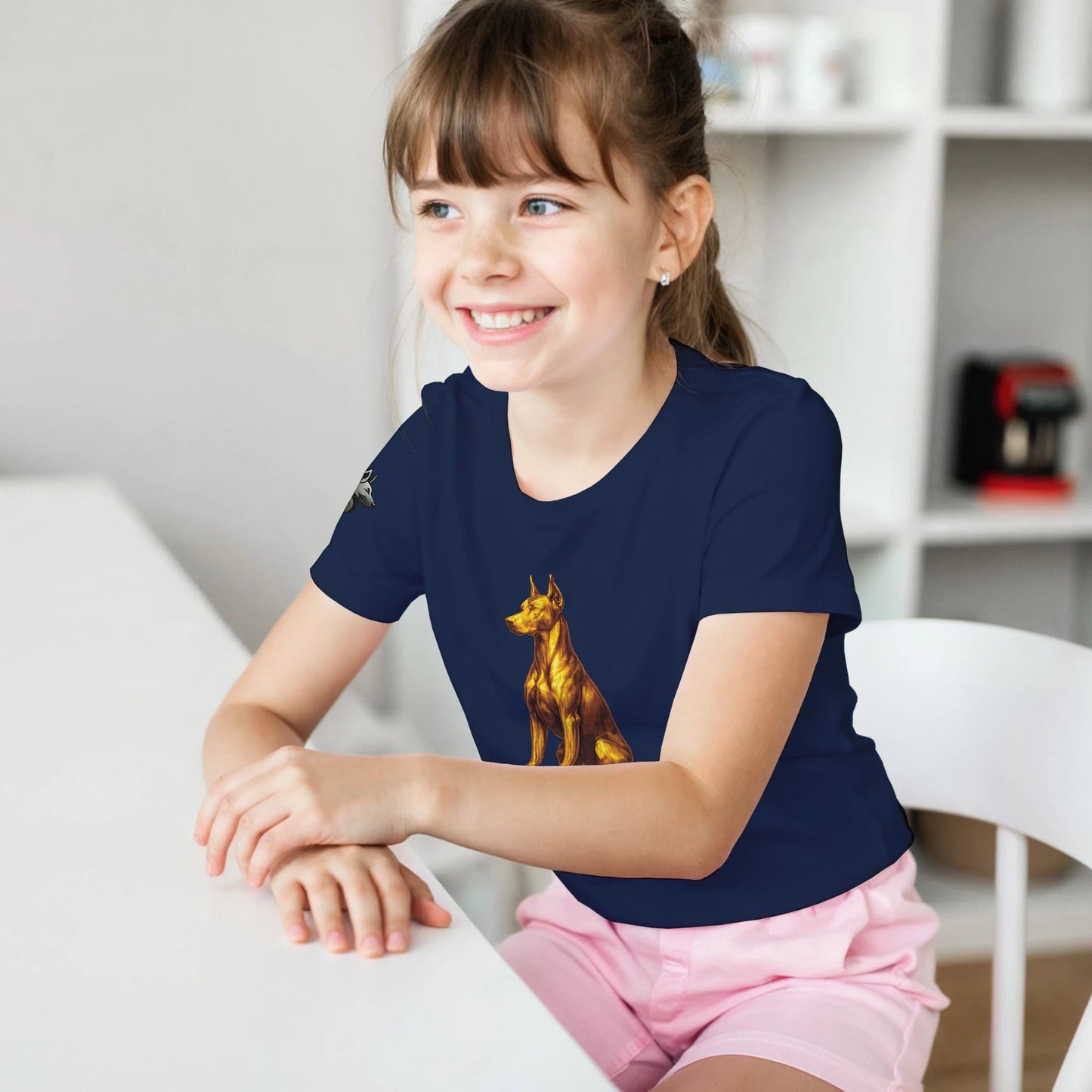 Marque MolossDesign | T-shirt enfant classique ras du cou Dobermann doré assis1 avec logo sur manche droite MolossDesign