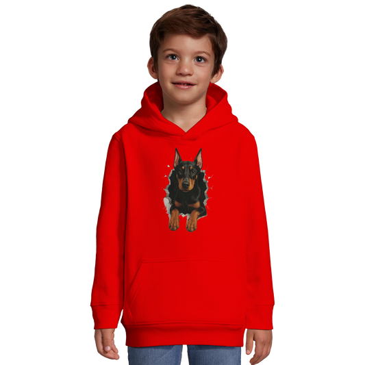 Sweat-shirt à capuche enfant rouge-Dobermann trou mur