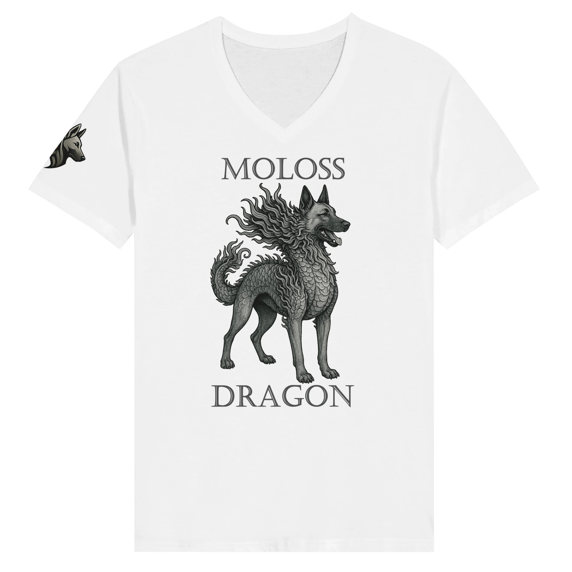 T-shirt adulte unisexe premium col en V blanc Moloss Dragon Malinois