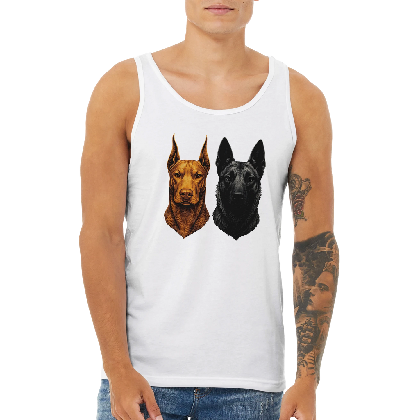 Débardeur adulte unisexe premium blanc tête Dobermann+Malinois